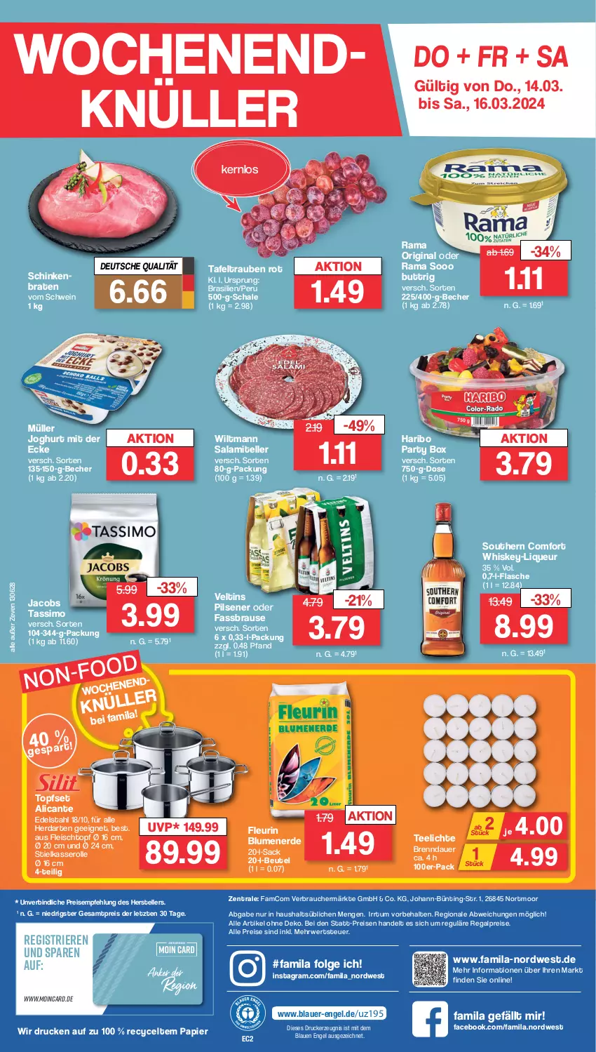 Aktueller Prospekt Famila - Prospekte - von 11.03 bis 16.03.2024 - strona 28 - produkty: auer, Becher, beutel, blume, blumen, blumenerde, braten, brause, drucker, edelstahl, eis, elle, Engel, erde, fassbrause, flasche, fleisch, Fleischtopf, gin, haribo, herdarten, jacobs, jacobs tassimo, joghur, joghurt, joghurt mit der ecke, kerze, LG, liqueur, Müller, ndk, papier, pils, pilsener, rama, Rauch, regal, reis, rwe, sac, salami, Schal, Schale, schinken, schinkenbraten, schwein, sim, Southern Comfort, stielkasserolle, tafeltrauben, tassimo, tee, Teelicht, teelichte, teller, Ti, topf, Topfset, trauben, veltins, veltins pilsener, wein, whiskey, wiltmann, ZTE