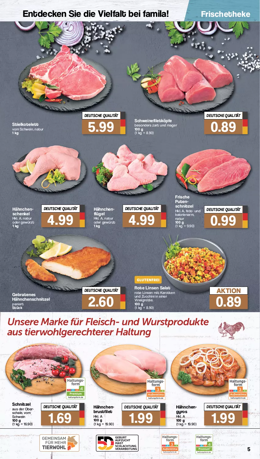 Aktueller Prospekt Famila - Prospekte - von 11.03 bis 16.03.2024 - strona 5 - produkty: braten, brustfilet, decke, eis, filet, fleisch, gewürz, gyros, hähnchenbrust, hähnchenbrustfilet, hähnchenflügel, Hähnchengyros, hähnchenschenkel, Hähnchenschnitzel, henkel, karotten, kotelett, LG, linsen, natur, pute, putenschnitzel, Rote Linsen, salat, Schal, Schale, schenkel, schnitzel, schwein, schweine, schweinefilet, Ti, wein, weine, wurst, zucchini