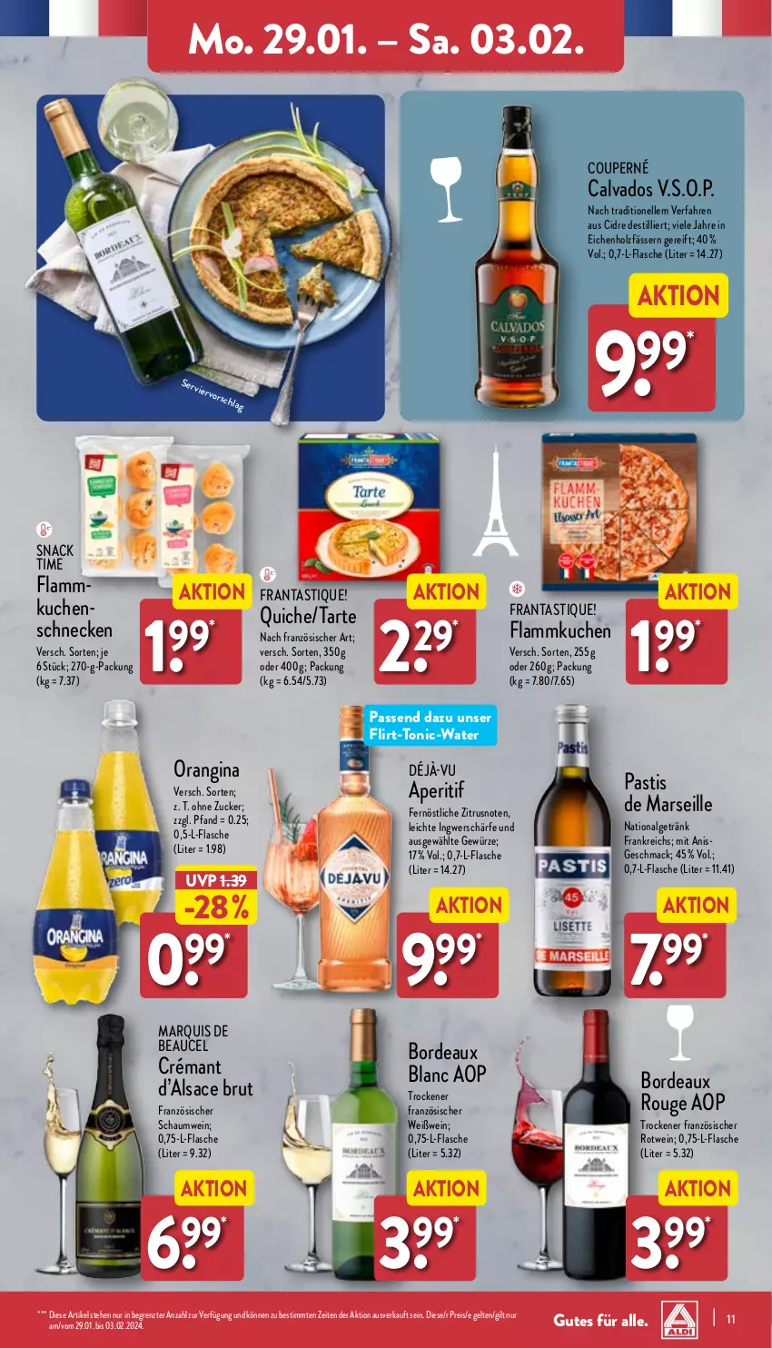 Aktueller Prospekt Aldi Nord - Von Montag - von 29.01 bis 03.02.2024 - strona 11 - produkty: aperitif, asti, brut, eis, elle, flammkuchen, flasche, getränk, gewürz, gin, Holz, ingwer, kuchen, lamm, LG, mac, mars, orangina, Quiche, reis, rotwein, rouge, sac, snack, snack time, Ti, tonic, wein, Weißwein, ZTE, zucker