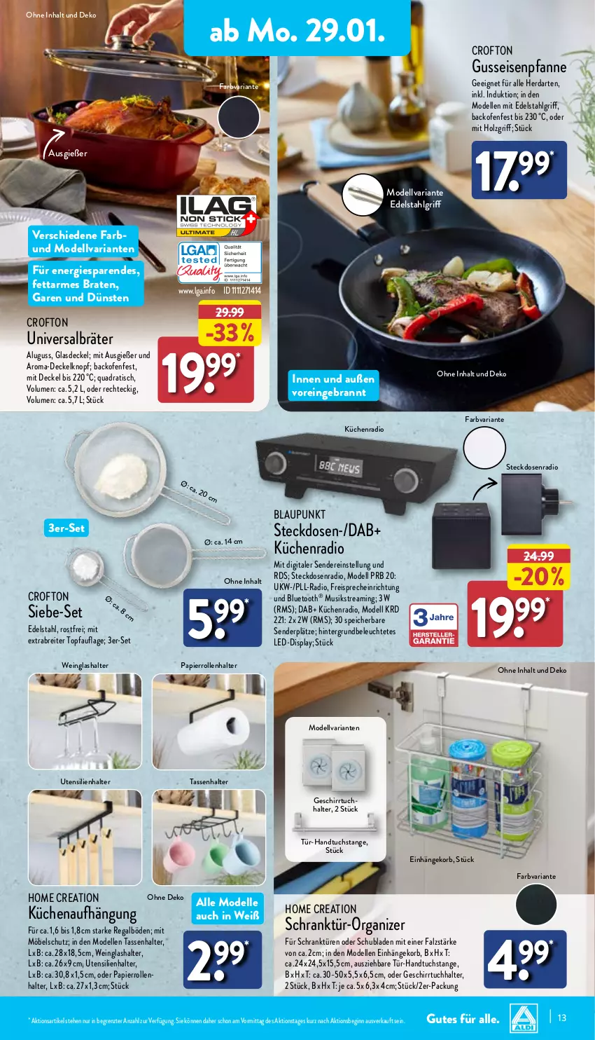 Aktueller Prospekt Aldi Nord - Von Montag - von 29.01 bis 03.02.2024 - strona 13 - produkty: backofen, blaupunkt, braten, Brei, Crofton, decke, Deckel, dell, edelstahl, eis, elle, freisprecheinrichtung, geschirr, geschirrtuch, gin, Glasdeckel, handtuch, herdarten, Holz, korb, küche, Küchen, Küchenradio, Leuchte, LG, möbel, Mode, Ofen, papier, Papierrollenhalter, pfanne, Pfau, quad, Radio, regal, reis, Ria, Schrank, schubladen, steckdose, tasse, Ti, tisch, topf, tuc, wein, ZTE