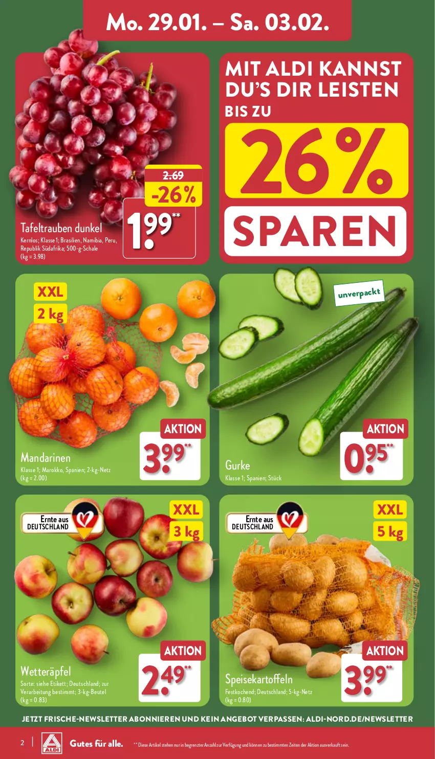 Aktueller Prospekt Aldi Nord - Von Montag - von 29.01 bis 03.02.2024 - strona 2 - produkty: aldi, angebot, beutel, eis, gurke, kartoffel, kartoffeln, mandarine, mandarinen, Schal, Schale, speisekartoffeln, tafeltrauben, Ti, trauben, ZTE