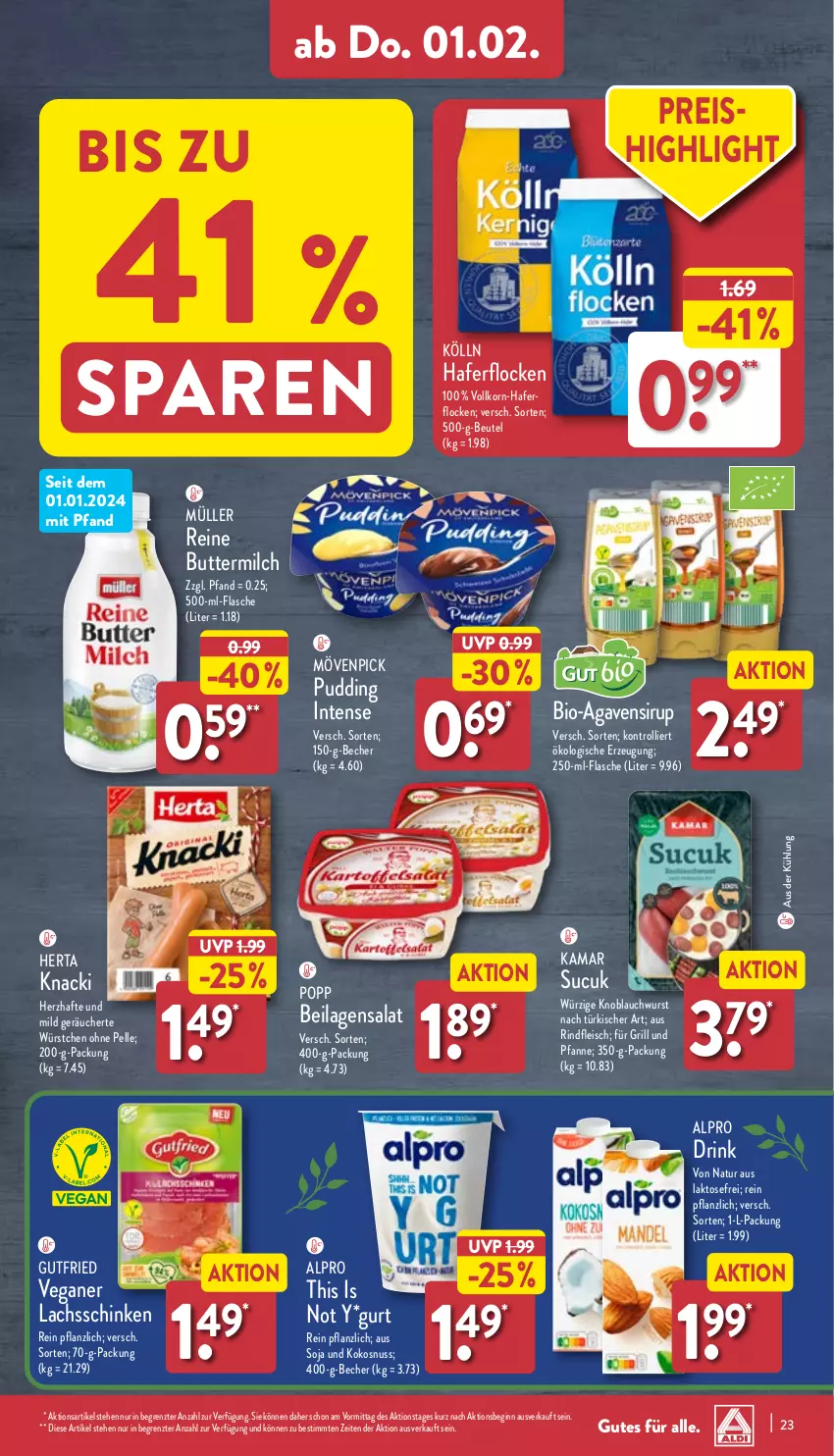 Aktueller Prospekt Aldi Nord - Von Montag - von 29.01 bis 03.02.2024 - strona 23 - produkty: agaven, alpro, Becher, beutel, bio, butter, buttermilch, drink, eis, elle, flasche, fleisch, für grill und pfanne, gin, grill, grill und pfanne, gutfried, hafer, haferflocken, herta, ilag, knoblauch, kokos, kokosnuss, kölln, korn, lachs, lachsschinken, milch, mövenpick, Müller, natur, nuss, pfanne, Popp, pudding, reine buttermilch, reis, rind, rindfleisch, salat, schinken, sirup, soja, Sucuk, Ti, trolli, und pfanne, wurst, würstchen, ZTE