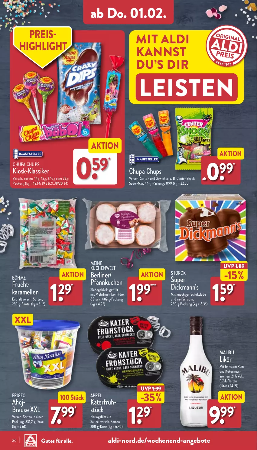 Aktueller Prospekt Aldi Nord - Von Montag - von 29.01 bis 03.02.2024 - strona 26 - produkty: aldi, angebot, angebote, auer, berliner, beutel, brause, chupa, chupa chups, eis, elle, ente, filet, filets, flasche, frucht, hering, Herings, heringsfilets, karamell, kokos, konfitüre, kuchen, likör, Malibu, nuss, Pfannkuchen, reis, ring, rum, sauce, schoko, schokolade, storck, teller, Ti