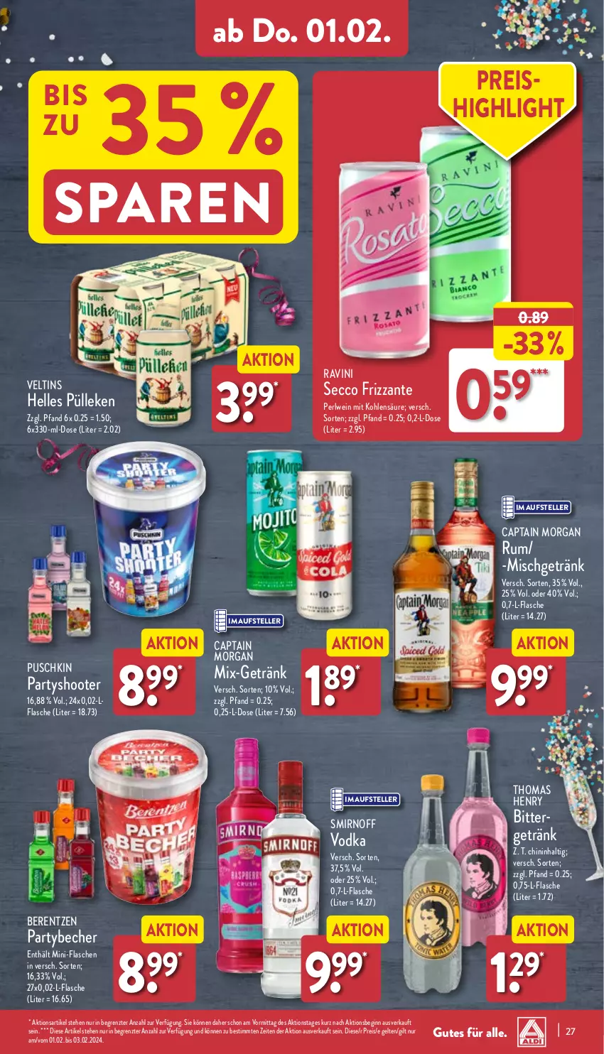 Aktueller Prospekt Aldi Nord - Von Montag - von 29.01 bis 03.02.2024 - strona 27 - produkty: Becher, berentzen, Cap, captain morgan, ecco, eis, elle, flasche, frizzante, getränk, gin, reis, rum, smirnoff, teller, thomas henry, Ti, veltins, vodka, wein, ZTE