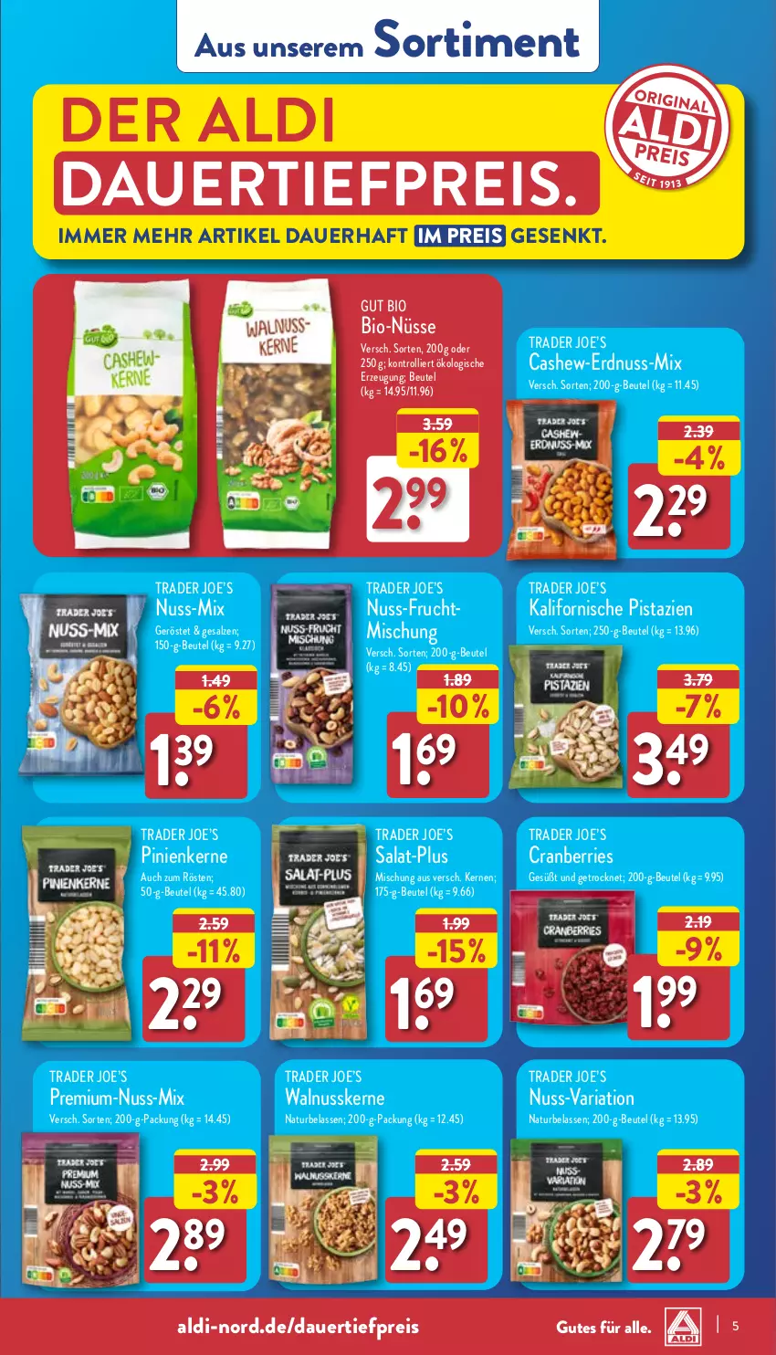 Aktueller Prospekt Aldi Nord - Von Montag - von 29.01 bis 03.02.2024 - strona 5 - produkty: aldi, auer, beutel, bio, Cashew, cranberries, dauertiefpreis, eis, erdnuss, frucht, natur, nuss, pinienkerne, pistazien, reis, Ria, salat, salz, Ti, tiefpreis, trolli, walnuss, walnusskerne