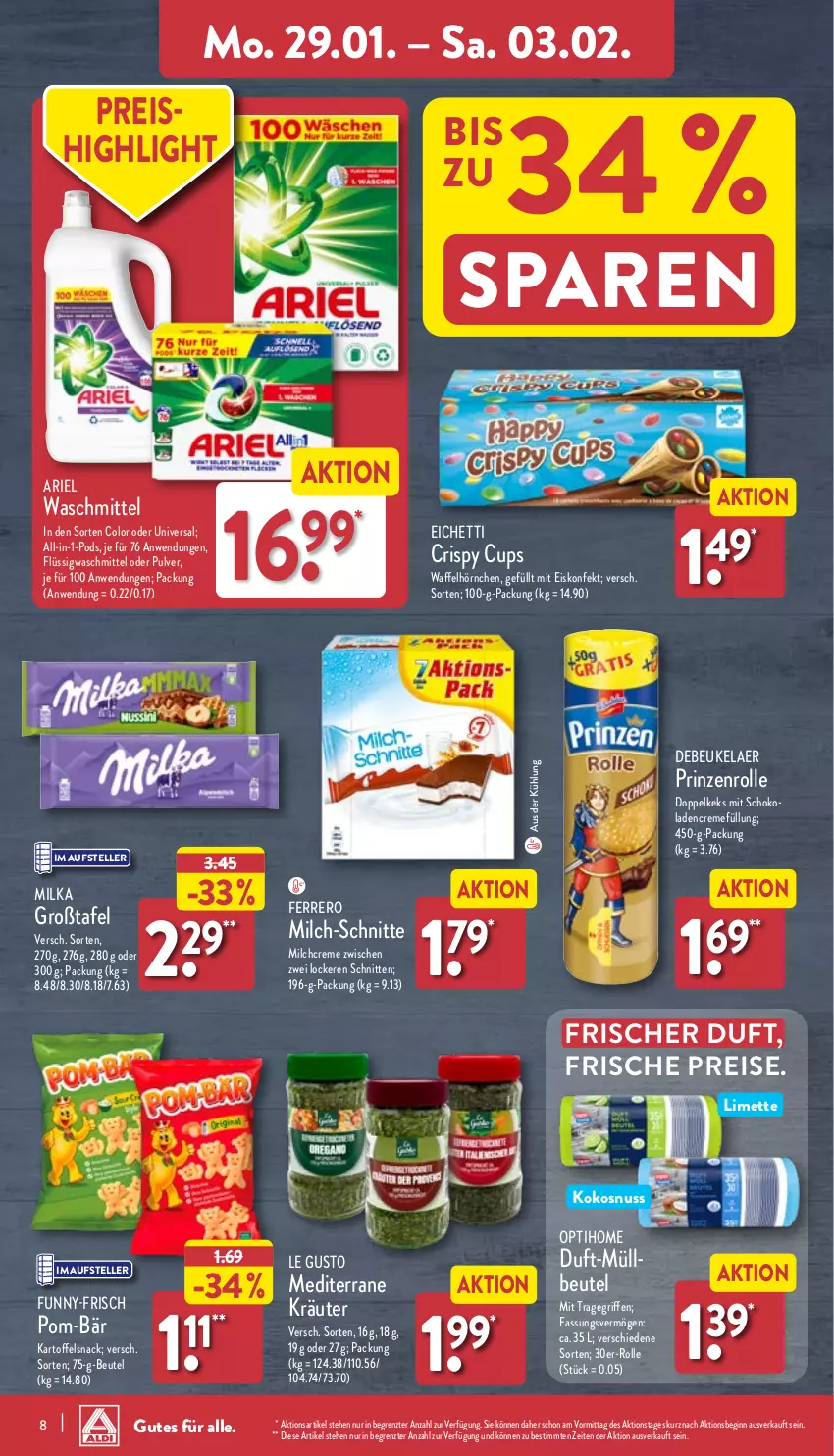 Aktueller Prospekt Aldi Nord - Von Montag - von 29.01 bis 03.02.2024 - strona 8 - produkty: ariel, ariel waschmittel, beutel, creme, debeukelaer, eis, eiskonfekt, elle, ferrero, funny-frisch, gin, hörnchen, kartoffel, keks, kokos, kokosnuss, kräuter, limette, Mett, milch, milch-schnitte, milka, müllbeutel, nuss, Pods, pom-bär, prinzenrolle, reis, schnitten, schoko, snack, teller, Ti, tragegriff, Waffelhörnchen, waschmittel, ZTE