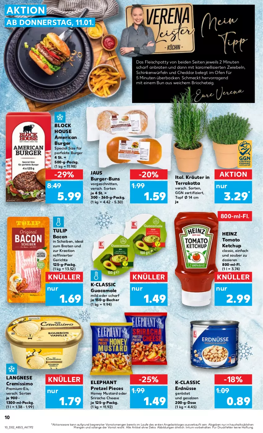 Aktueller Prospekt Kaufland - Prospekt - von 11.01 bis 17.01.2024 - strona 10 - produkty: angebot, bacon, Becher, braten, burger, cheddar, cremissimo, eis, erdnüsse, fleisch, guacamole, heinz, honey mustard, HP, ideal zum braten, karamell, ketchup, kräuter, langnese, langnese cremissimo, Ofen, Pretzel, salz, schinken, schnitten, sim, Sriracha, Ti, tomato ketchup, topf, tulip, würfel, ZTE, zwiebel, zwiebeln