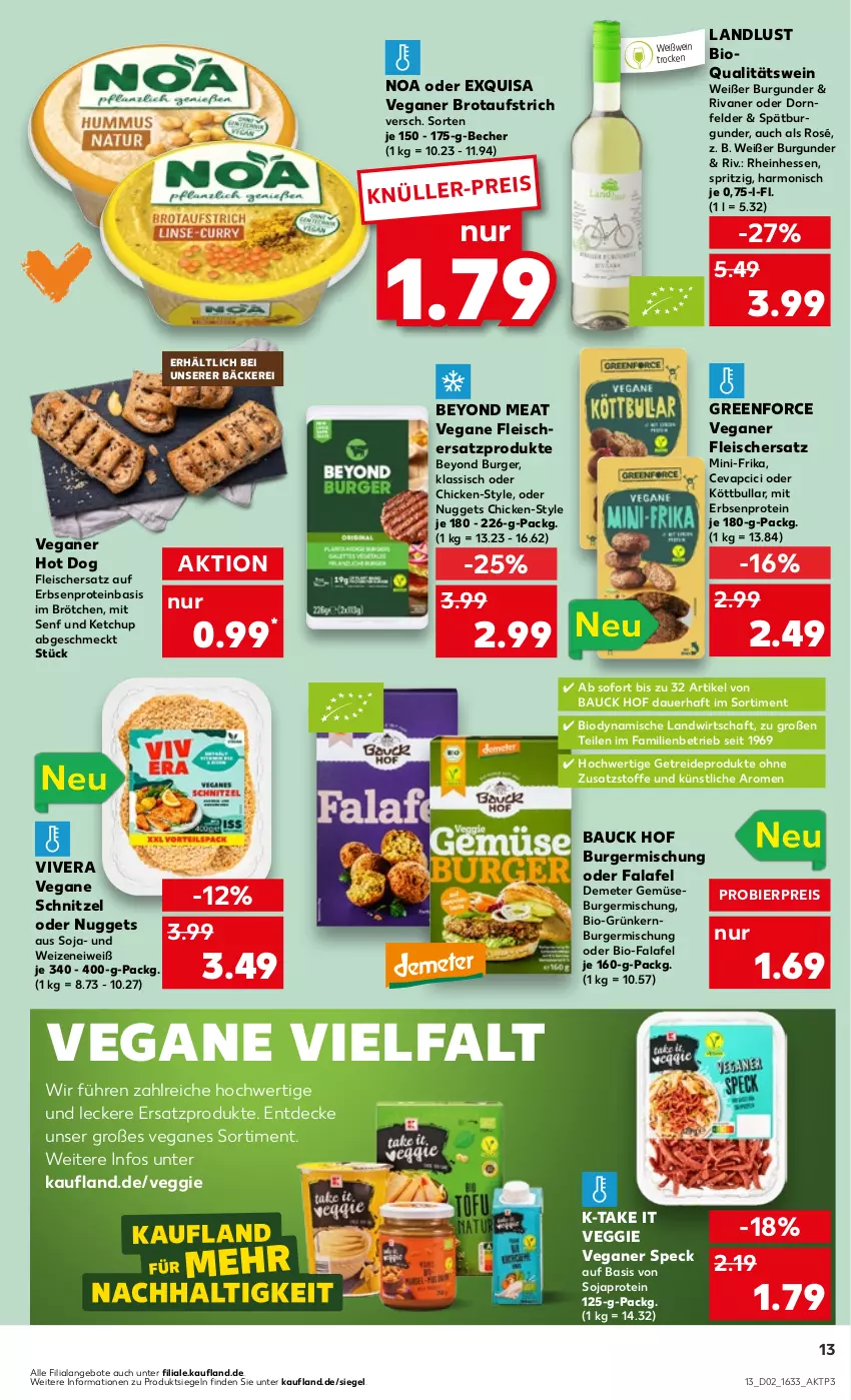 Aktueller Prospekt Kaufland - Prospekt - von 11.01 bis 17.01.2024 - strona 13 - produkty: angebot, angebote, auer, aufstrich, Bau, Becher, bier, bio, brot, brotaufstrich, brötchen, burger, burgunder, cevapcici, decke, dornfelder, eis, erbsen, exquisa, Falafel, fleisch, Germ, hot dog, ketchup, Köttbullar, nuggets, qualitätswein, reis, Rivaner, schnitzel, senf, soja, spätburgunder, Speck, Ti, Vegane Fleisch, veggie, wein, Weißwein, Yo