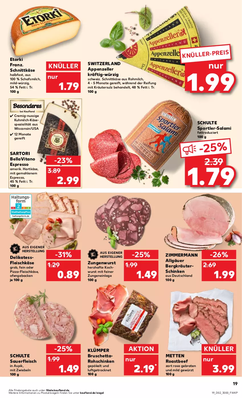 Aktueller Prospekt Kaufland - Prospekt - von 11.01 bis 17.01.2024 - strona 19 - produkty: angebot, angebote, appenzeller, auer, beef, braten, eis, elle, espresso, fleisch, fleischkäse, geback, gewürz, hartkäse, Käse, kräuter, LG, Mett, metten, milch, mit zwiebeln, nuss, Ofen, pizza, roastbeef, rohschinken, salami, schinken, schnittkäse, Spezi, Sport, Ti, vita, wurst, zwiebel, zwiebeln