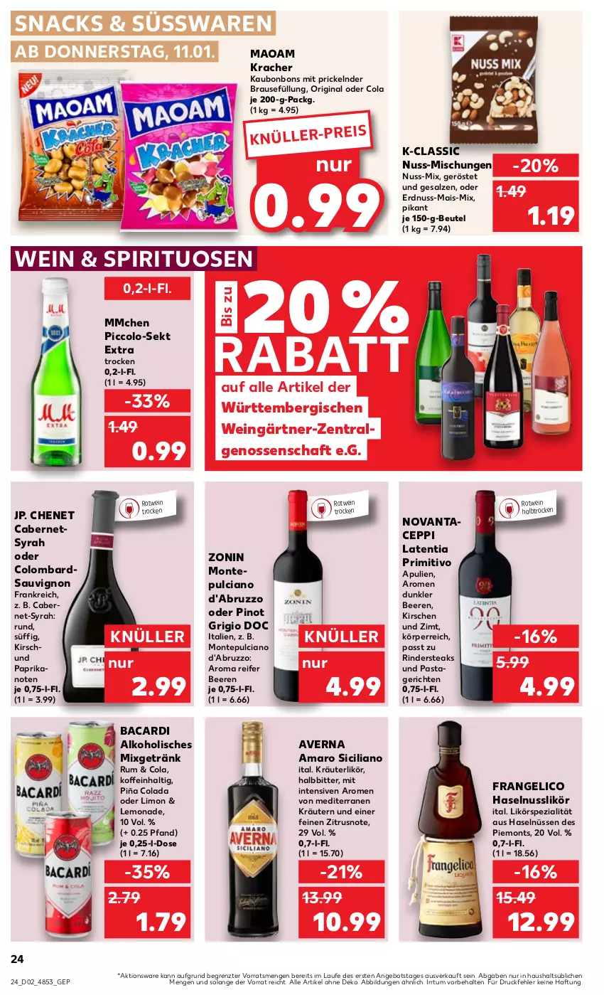 Aktueller Prospekt Kaufland - Prospekt - von 11.01 bis 17.01.2024 - strona 24 - produkty: alkohol, amaro, angebot, averna, bacardi, beere, beeren, beutel, bonbons, brause, cabernet, cola, eis, erdnuss, frangelico, getränk, gin, haselnuss, kirsch, kirsche, kirschen, kracher, kräuter, kräuterlikör, kräutern, lemonade, LG, likör, limo, mais, maoam, Mixgetränk, monte, Montepulciano, nuss, paprika, pasta, Pastagericht, Pinot, pinot grigio, primitivo, rind, rinder, Rindersteak, rotwein, rum, salz, sauvignon, sekt, snack, snacks, Spezi, spirituosen, steak, steaks, süsswaren, Ti, wein, zonin, ZTE