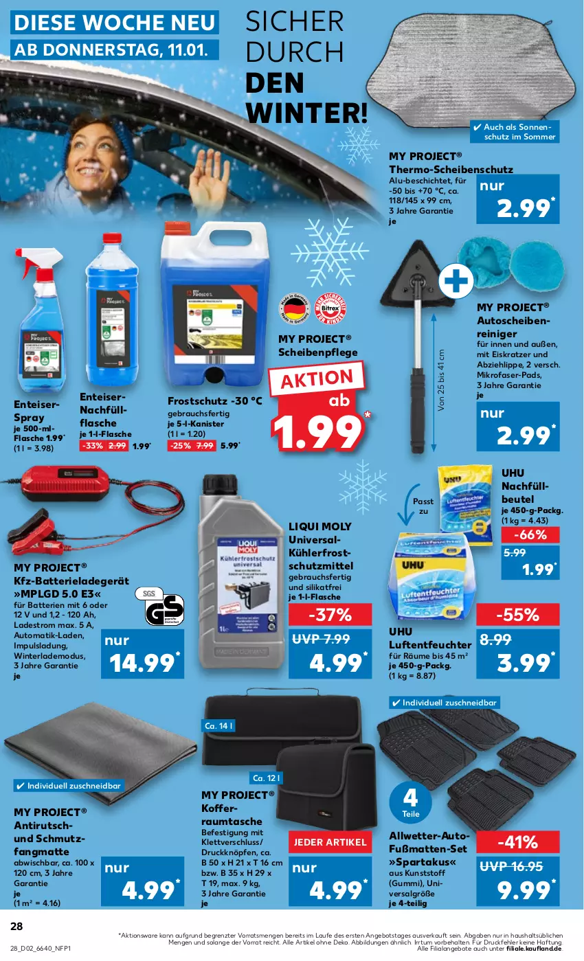 Aktueller Prospekt Kaufland - Prospekt - von 11.01 bis 17.01.2024 - strona 28 - produkty: angebot, angebote, auto, batterie, batterien, beutel, eis, Eiskratzer, ente, flasche, Fußmatte, koffer, ladegerät, LG, Luftentfeuchter, mikrofaser, Rauch, reiniger, Scheibenreiniger, schmutzfangmatte, sonnenschutz, Tasche, Ti, Tofu, uhu, Uhu Luftentfeuchter, ZTE