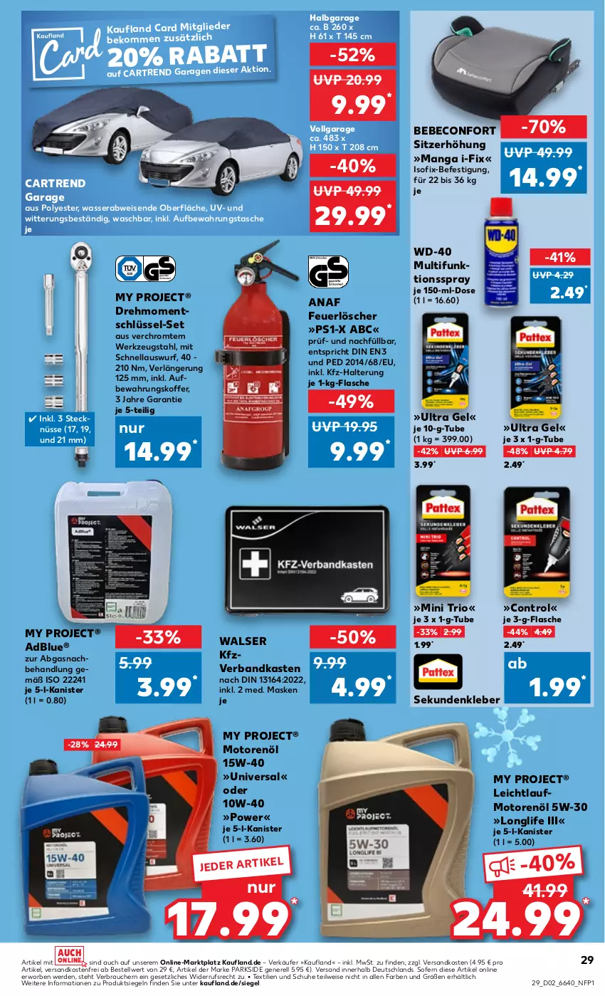 Aktueller Prospekt Kaufland - Prospekt - von 11.01 bis 17.01.2024 - strona 29 - produkty: adblue, aufbewahrungskoffer, aufbewahrungstasche, Bebe, beco, beko, eis, erde, flasche, kleber, koffer, LG, longlife, Maske, motorenöl, ndk, Parkside, Rauch, rel, schuhe, Sitzerhöhung, Tasche, Ti, Verbandkasten, versandkostenfrei, walser, wasser, werkzeug