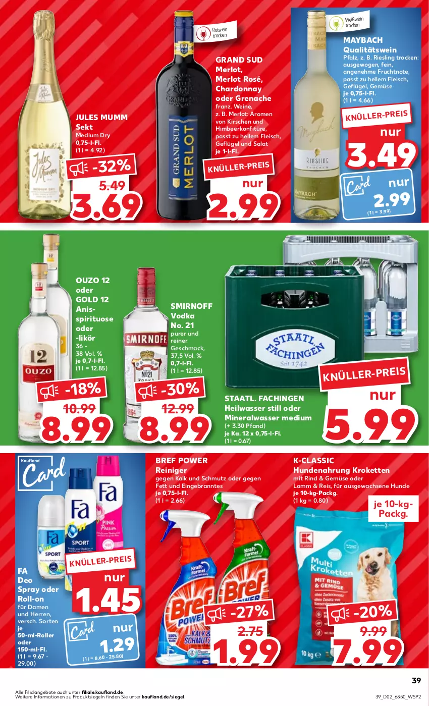 Aktueller Prospekt Kaufland - Prospekt - von 11.01 bis 17.01.2024 - strona 41 - produkty: Alwa, angebot, angebote, Bref, bref power, chardonnay, deo, deo spray, eis, elle, fleisch, frucht, Geflügel, grand sud, himbeer, hundenahrung, jules mumm, Kette, kirsch, kirsche, kirschen, konfitüre, Kroketten, lamm, likör, mac, maybach, merl, merlot, mineralwasser, Mineralwasser Medium, mumm, ouzo, ouzo 12, qualitätswein, reiniger, reis, riesling, rind, roll-on, Roller, rotwein, salat, sekt, smirnoff, Staatl. Fachingen, Ti, vodka, wasser, wein, weine, Weißwein