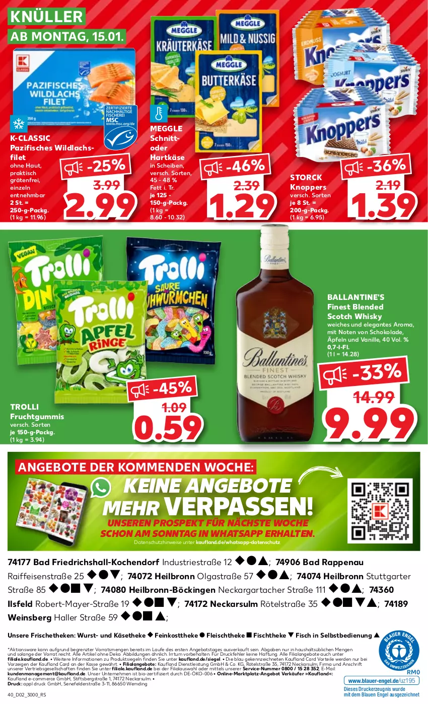 Aktueller Prospekt Kaufland - Prospekt - von 11.01 bis 17.01.2024 - strona 42 - produkty: angebot, angebote, Astra, Bad, ball, Ballantine's, bio, blended scotch, blended scotch whisky, drucker, eis, Engel, erde, feinkost, feinkosttheke, filet, fisch, fische, fischtheke, fleisch, frucht, fruchtgummi, fruchtgummis, hartkäse, Käse, käsetheke, kerze, knoppers, lachs, lachsfilet, LG, meggle, schoko, schokolade, scotch, scotch whisky, storck, Ti, tisch, trolli, trolli fruchtgummi, vanille, wein, whisky, Wild, wildlachs, wurst, ZTE