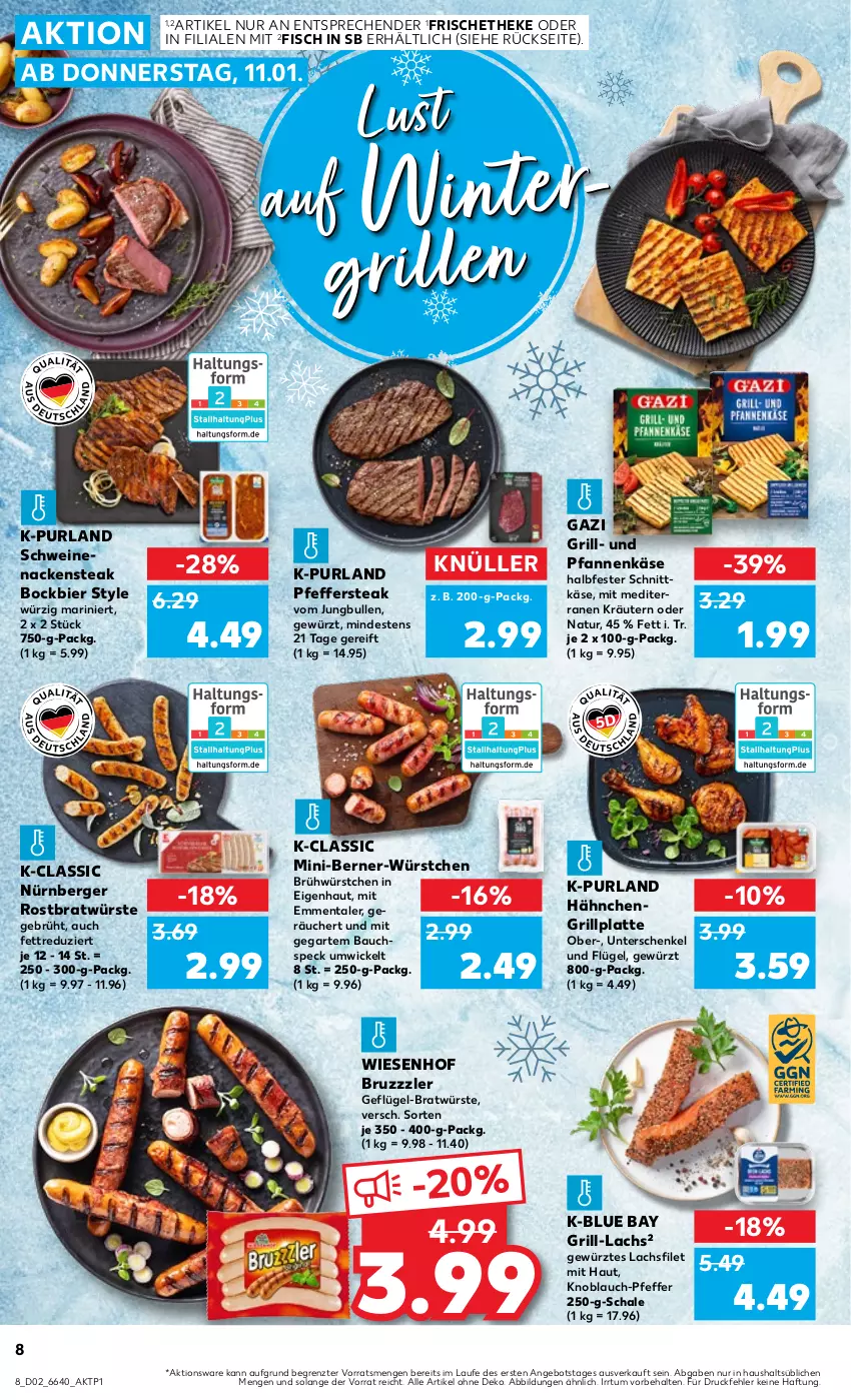 Aktueller Prospekt Kaufland - Prospekt - von 11.01 bis 17.01.2024 - strona 8 - produkty: angebot, Bau, Berger, bier, bruzzzler, emmentaler, filet, fisch, Geflügel, gewürz, grill, grill-lachs, grillplatte, halbfester schnittkäse, henkel, jungbullen, Käse, knoblauch, kräuter, kräutern, lachs, lachsfilet, latte, Nackensteak, natur, nürnberger, pfanne, pfannen, pfannenkäse, pfeffer, purland, Schal, Schale, schenkel, schnittkäse, schwein, schweine, schweinenacken, Speck, steak, Ti, und pfanne, wein, weine, WICK, wiesenhof, würstchen, ZTE