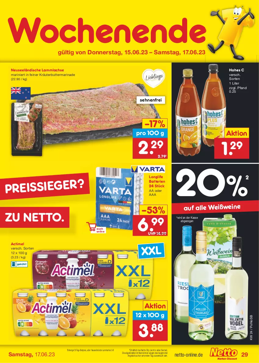 Aktueller Prospekt Netto Marken-Discount - Filial-Angebote - von 12.06 bis 17.06.2023 - strona 29 - produkty: actimel, angebot, batterie, batterien, bestpreis, butter, eis, Hohes C, kräuter, kräuterbutter, lachs, lamm, lammlachse, longlife, marinade, reis, reiss, Ti, wein, weine, Weißwein, ZTE