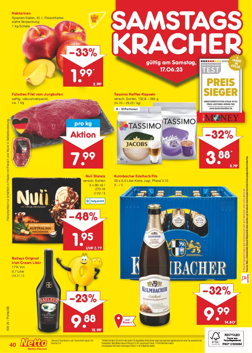 Aktueller Prospekt Netto Marken-Discount - Filial-Angebote - von 12.06 bis 17.06.2023 - strona 40 - produkty: angebot, angebote, baileys, bestpreis, discount, eis, Falsches Filet, filet, fleisch, gin, Holz, irish cream, jungbullen, kaffee, kaffee-kapseln, kracher, likör, marken-discount, ndk, Nektar, nektarinen, nuii, pils, reis, saft, Schal, Schale, sim, stieleis, tassimo, Ti, wurst, wurst in selbstbedienung, ZTE