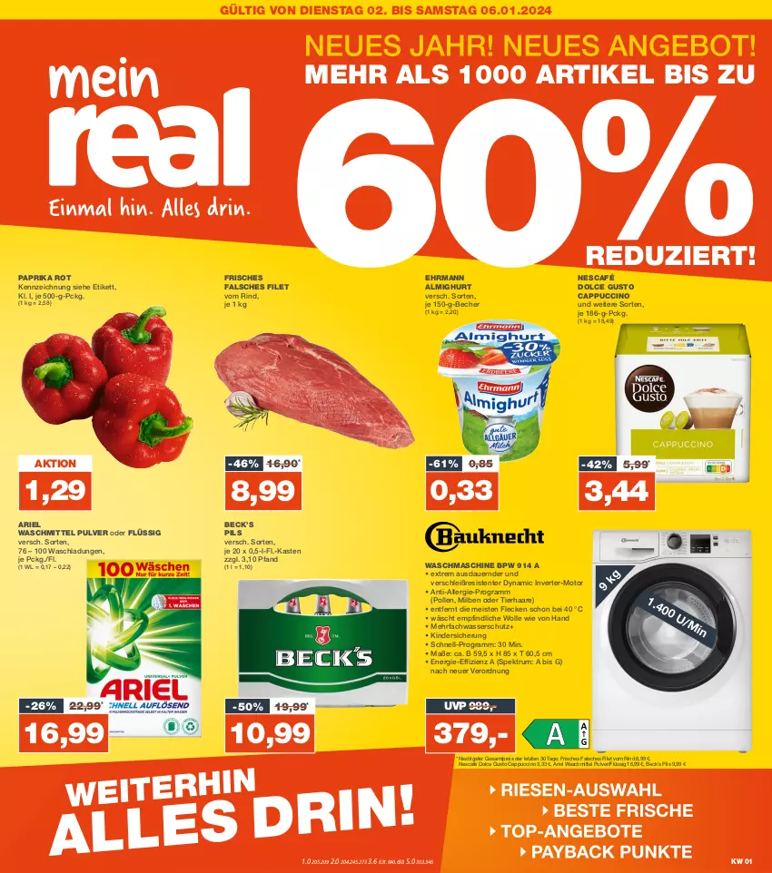 Aktueller Prospekt Real - von 01.01 bis 06.01.2024 - strona 1 - produkty: almighur, almighurt, ariel, ariel waschmittel, auer, Becher, Cap, cappuccino, cin, dolce gusto, ehrmann, ehrmann almighurt, eis, ente, Falsches Filet, filet, Kinder, Nescafé, paprika, paprika rot, pils, reis, rind, rum, Spektrum, Ti, waschmaschine, waschmittel, wasser, wolle, ZTE