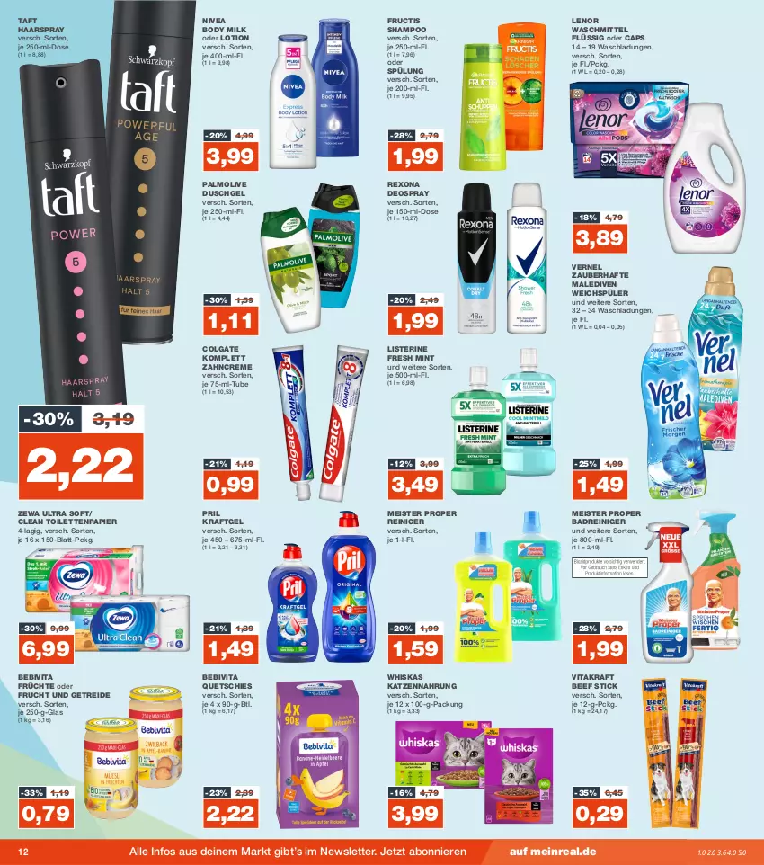 Aktueller Prospekt Real - von 01.01 bis 06.01.2024 - strona 12 - produkty: Bad, bebivita, beef, body, body milk, Cap, colgate, creme, deo, deospray, duschgel, eis, frucht, früchte, fructis, haarspray, katzennahrung, kraft, lenor, lenor waschmittel, LG, listerine, Lotion, Meister, meister proper, mint, nivea, olive, palmolive, papier, pril, reiniger, rexona, shampoo, spülung, Taft, Ti, toilettenpapier, vernel, vita, vitakraft, waschmittel, weichspüler, whiskas, zahncreme, zewa