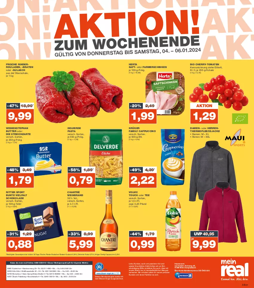 Aktueller Prospekt Real - von 01.01 bis 06.01.2024 - strona 16 - produkty: bio, bosch, braten, butter, Cap, cappuccino, chantré, cin, coupon, coupons, drucker, eis, elle, Engel, erde, farmerschinken, Fleecejacke, gulasch, herta, Jacke, kerze, krüger, LG, Narzissen, pasta, payback, reis, rind, rinder, rinder-rouladen, Rinderroulade, rinderrouladen, ritter, ritter sport, rouladen, rwe, saft, Schal, Schale, schinken, schoko, schokolade, Sport, Streichzart, tee, Ti, tomate, tomaten, uhr, volvic, weihenstephan, wein, weinbrand, ZTE