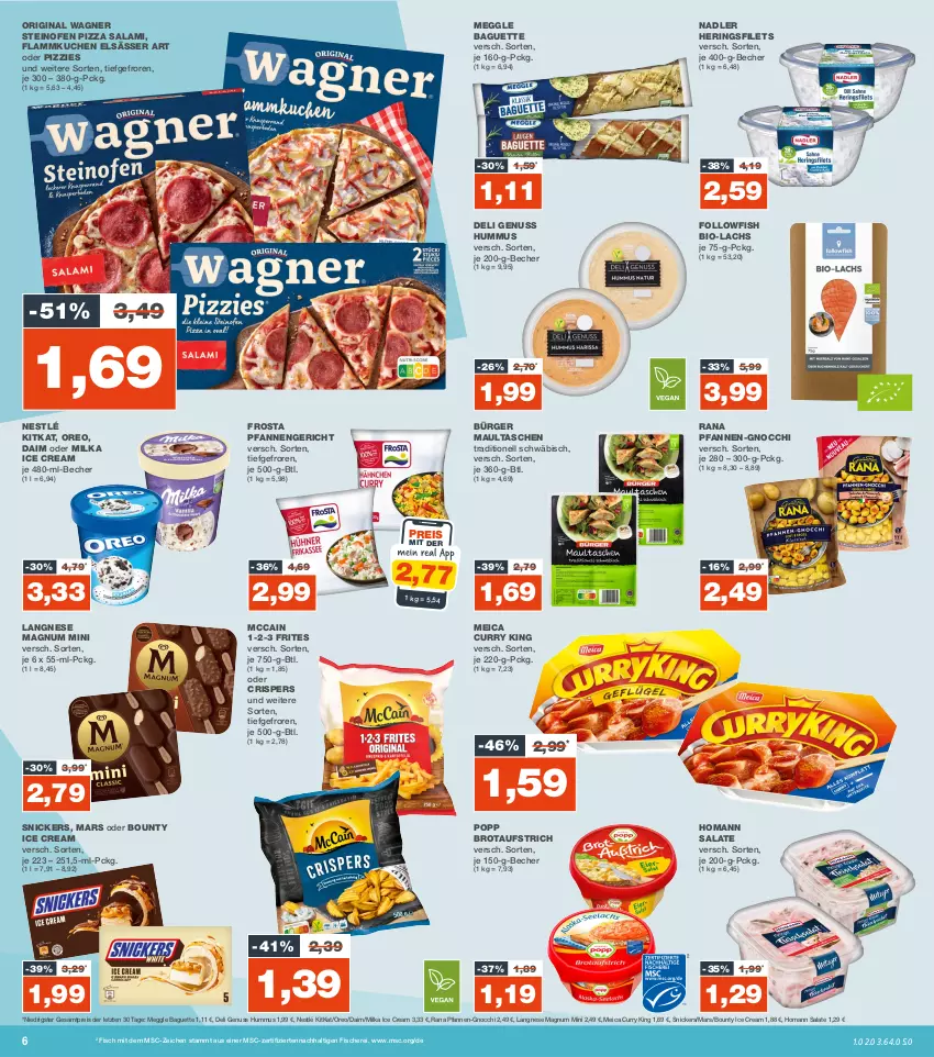 Aktueller Prospekt Real - von 01.01 bis 06.01.2024 - strona 6 - produkty: aufstrich, baguette, Becher, bio, bounty, brot, brotaufstrich, curry, daim, eis, elsässer art, filet, filets, fisch, fische, Fischer, flammkuchen, followfish, frosta, gin, gnocchi, hering, Herings, heringsfilets, homann, hummus, kitkat, kuchen, lachs, lamm, langnese, magnum, Magnum Mini, mars, maultaschen, mccain, meggle, meica, milka, nadler, nestlé, nuss, Ofen, oreo, original wagner, pfanne, pfannen, pizza, Popp, Rana, reis, ring, salami, salat, salate, Schere, snickers, steinofen, steinofen pizza, Tasche, taschen, Ti, wagner, ZTE