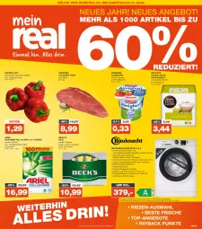 Gazetka promocyjna Real - Gazetka - ważna od 06.01 do 06.01.2024 - strona 1 - produkty: almighur, almighurt, ariel, ariel waschmittel, auer, Becher, Cap, cappuccino, cin, dolce gusto, ehrmann, ehrmann almighurt, eis, ente, Falsches Filet, filet, Kinder, Nescafé, paprika, paprika rot, pils, reis, rind, rum, Spektrum, Ti, waschmaschine, waschmittel, wasser, wolle, ZTE