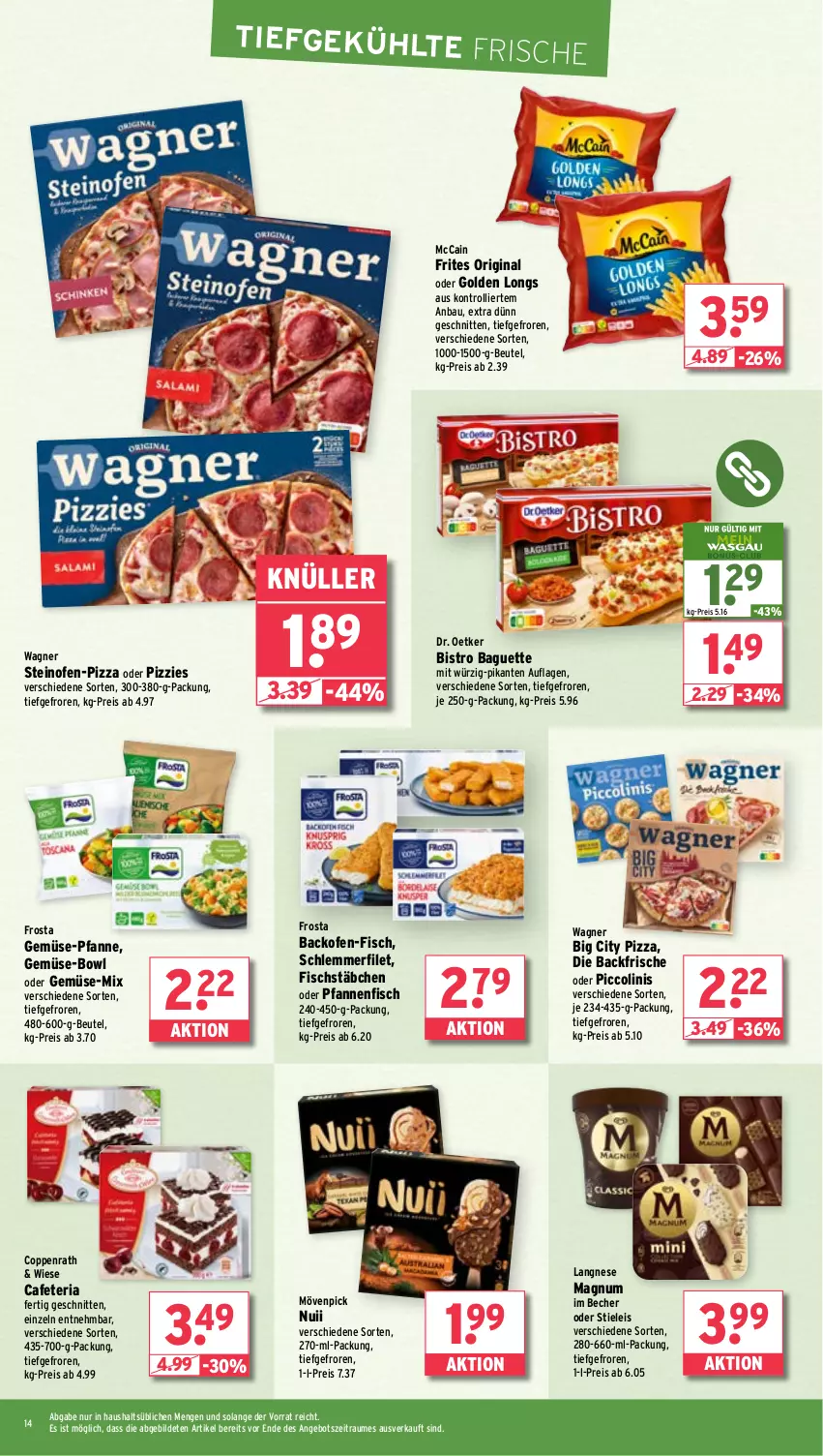 Aktueller Prospekt Wasgau - von 18.03 bis 23.03.2024 - strona 14 - produkty: angebot, backofen, baguette, Bau, Becher, beutel, Bistro Baguette, coppenrath, Dr. Oetker, eis, filet, fisch, fischstäbchen, frosta, gemüse-pfanne, gin, Golden Longs, je 250-g-packung, langnese, magnum, mccain, mövenpick, nuii, oder piccolinis, Ofen, pfanne, pfannen, piccolinis, pizza, reis, Ria, schlemmerfilet, schnitten, steinofen, stieleis, Ti, trolli, wagner