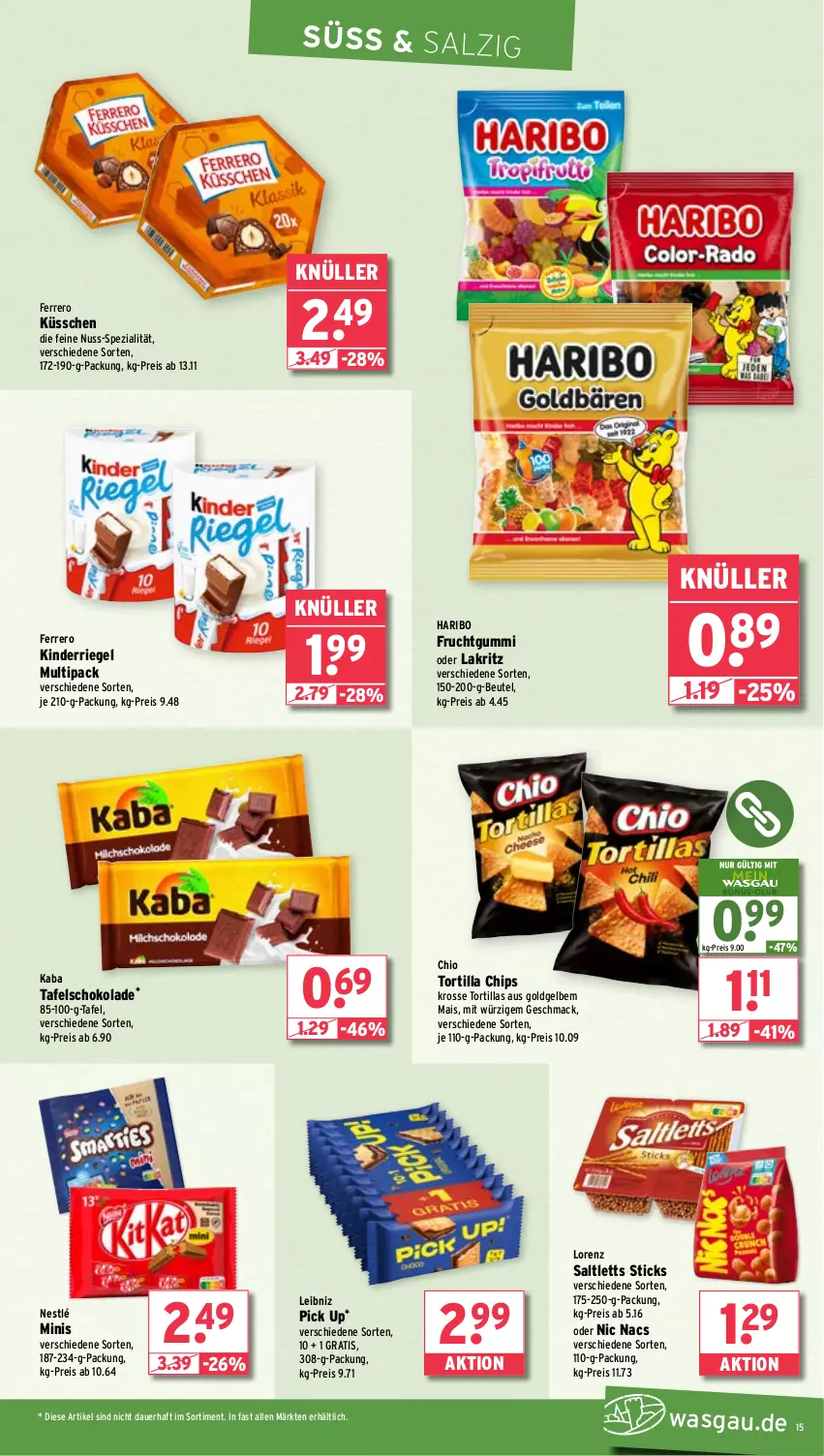 Aktueller Prospekt Wasgau - von 18.03 bis 23.03.2024 - strona 15 - produkty: auer, beutel, chips, eis, ferrero, Ferrero Küsschen, frucht, fruchtgummi, haribo, Kinder, Lakritz, leibniz, lorenz, mac, mais, nestlé, nuss, oder lakritz, reis, riegel, saltletts, salz, schoko, schokolade, Spezi, tafelschokolade, Ti, tortilla, Tortilla Chips, tortillas