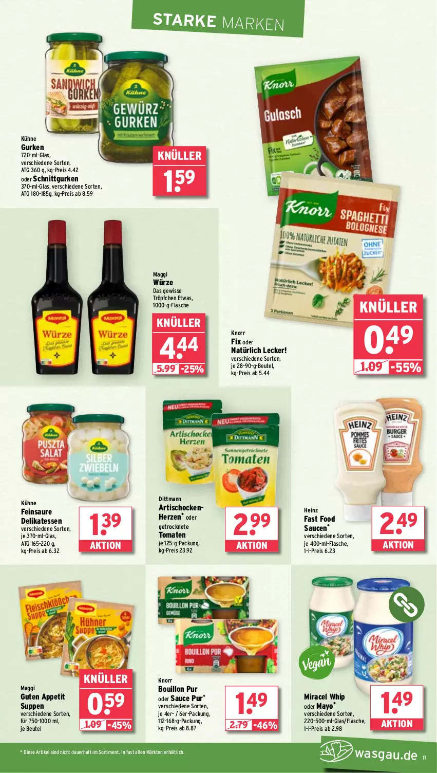 Aktueller Prospekt Wasgau - von 18.03 bis 23.03.2024 - strona 17 - produkty: Artischocken, auer, beutel, dittmann, eis, flasche, Getrocknete Tomaten, gurke, gurken, heinz, knorr, knorr fix, Kühne, maggi, maggi würze, miracel, miracel whip, reis, sauce, saucen, suppe, suppen, Ti, tisch, tomate, tomaten, Yo