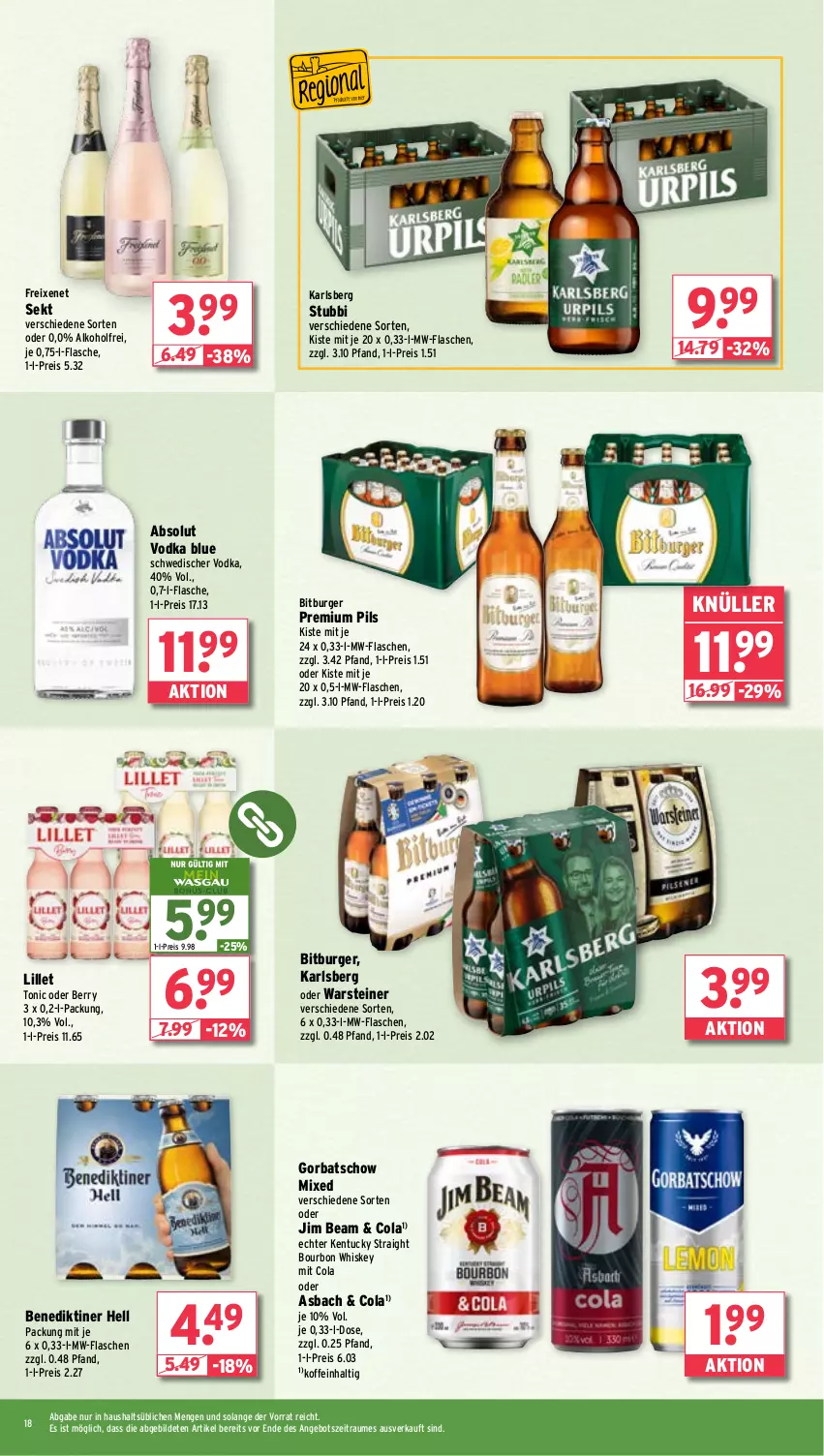 Aktueller Prospekt Wasgau - von 18.03 bis 23.03.2024 - strona 18 - produkty: Absolut Vodka, alkohol, angebot, Benediktiner, bitburger, bourbon, bourbon whiskey, burger, cola, eis, flasche, freixenet, Gorbatschow, jim beam, karlsberg, kentucky straight, lillet, mw-flasche, pils, premium pils, reis, sekt, steiner, Ti, tonic, tuc, vodka, warsteiner, whiskey