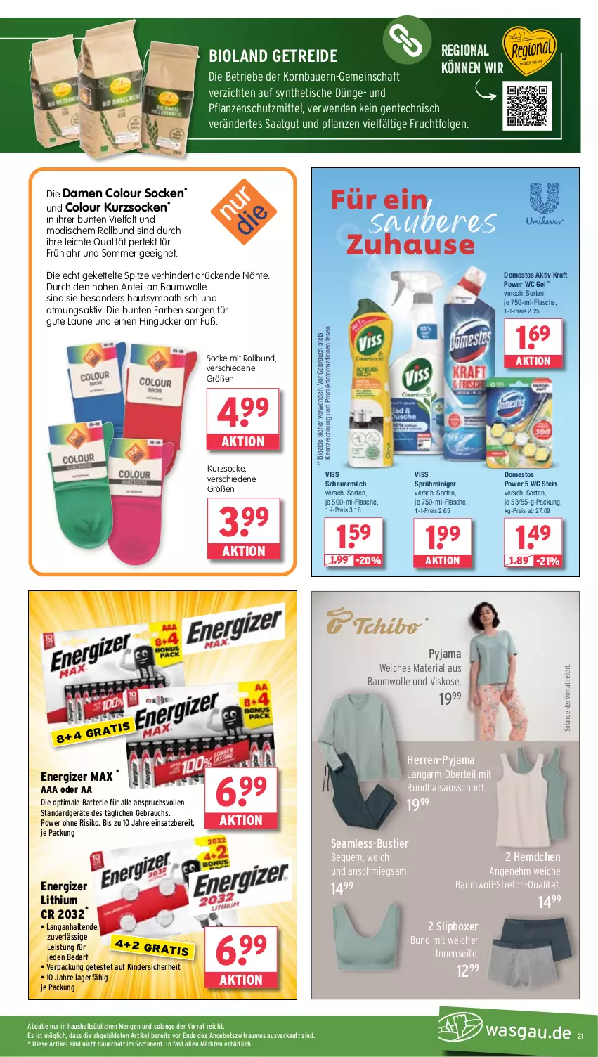 Aktueller Prospekt Wasgau - von 18.03 bis 23.03.2024 - strona 21 - produkty: angebot, auer, batterie, Bau, Bauer, baumwolle, bio, bioland, domestos, eis, energizer, ente, flasche, frucht, hemd, Heu, je 500-ml-flasche, Kette, Kinder, korn, kraft, LG, milch, pflanze, pflanzen, Pyjama, Rauch, reiniger, reis, Ria, rwe, scheuermilch, slip, socken, Stier, Ti, tisch, wolle