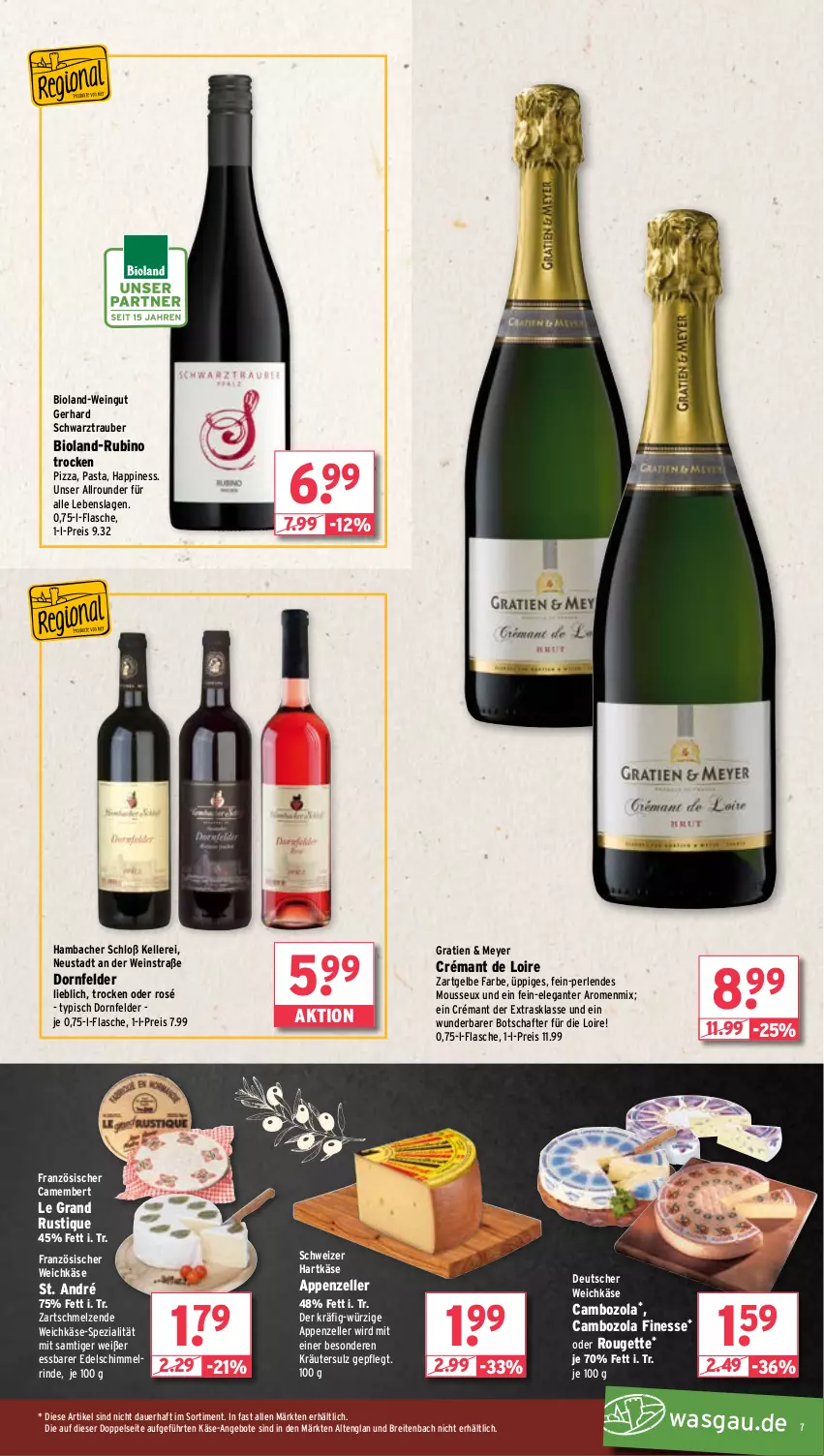 Aktueller Prospekt Wasgau - von 18.03 bis 23.03.2024 - strona 7 - produkty: angebot, angebote, appenzeller, auer, bio, bioland, Brei, cambozola, camembert, crémant de loire, deutscher weichkäse, dornfelder, eis, elle, finesse, flasche, französischer weichkäse, hartkäse, Käse, kräuter, mousse, pasta, perlen, pizza, reis, rind, rouge, rougette, Rubin, schweizer hartkäse, Spezi, Ti, weichkäse, wein