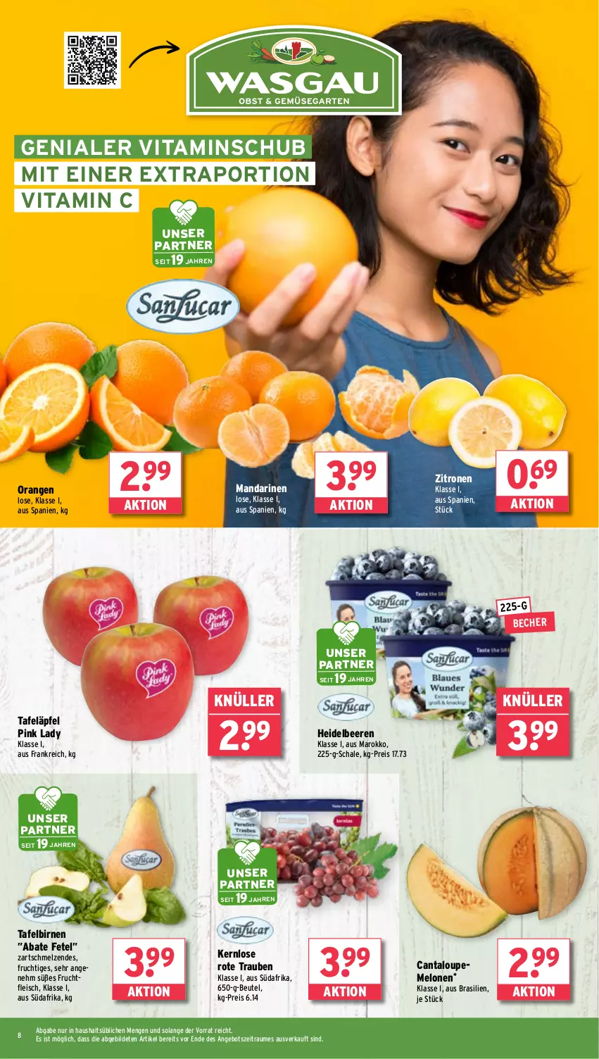 Aktueller Prospekt Wasgau - von 18.03 bis 23.03.2024 - strona 8 - produkty: angebot, Becher, beere, beeren, beutel, Birnen, eis, fleisch, frucht, fruchtfleisch, heidelbeere, heidelbeeren, mandarine, mandarinen, melone, melonen, orange, orangen, Pink Lady, reis, Schal, Schale, tafeläpfel, tafelbirnen, Ti, trauben, vita, Vitamin C, zitrone, zitronen