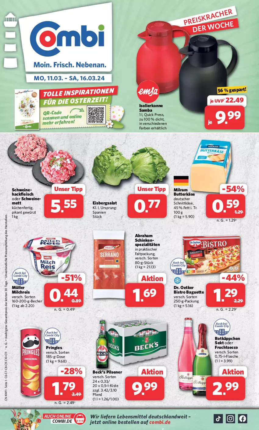 Aktueller Prospekt Combi - Prospekte - von 11.03 bis 16.03.2024 - strona 1 - produkty: baguette, Becher, Bistro Baguette, butter, butterkäse, deutscher schnittkäse, Dr. Oetker, ecco, eis, eisbergsalat, elle, flasche, fleisch, frucht, fruchtsecco, gewürz, hackfleisch, isolierkanne, Käse, küche, Küchen, lebensmittel, Mett, milch, milchreis, milram, Müller, pils, pilsener, pringles, reis, ring, rotkäppchen, salat, schinken, schnittkäse, schwein, schweine, sekt, Spezi, teller, Ti, tisch, wein, weine, ZTE