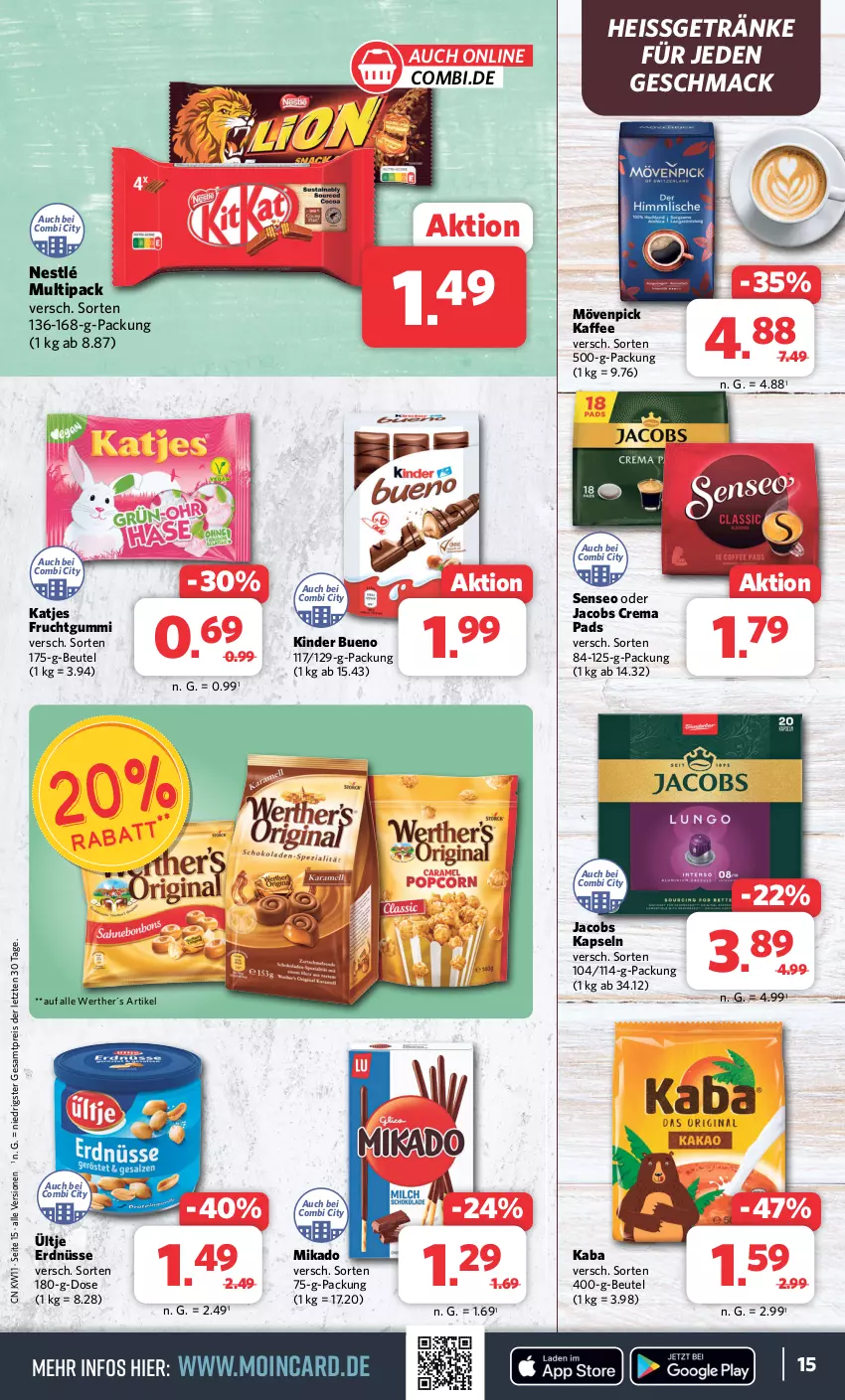 Aktueller Prospekt Combi - Prospekte - von 11.03 bis 16.03.2024 - strona 15 - produkty: beutel, crema pads, eis, erdnüsse, frucht, fruchtgummi, getränk, getränke, jacobs, Jacobs Crema, kaffee, katjes, Kinder, kinder bueno, mac, mikado, mövenpick, mövenpick kaffee, nestlé, oder jacobs, reis, senseo, Ti, ültje, ültje erdnüsse, ZTE