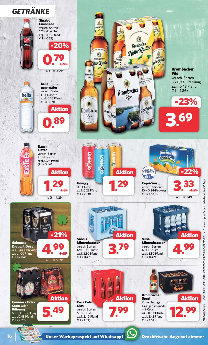 Aktueller Prospekt Combi - Prospekte - von 11.03 bis 16.03.2024 - strona 16 - produkty: Alwa, angebot, angebote, Cap, capri-sun, cola, eis, eistee, flasche, getränk, getränke, Guinness, hella, Kilkenny, krombache, krombacher, krombacher pils, limo, limonade, mineralwasser, orange, orangen, pils, Rauch, reis, sinalco, Spezi, tee, Ti, vilsa, wasser, ZTE