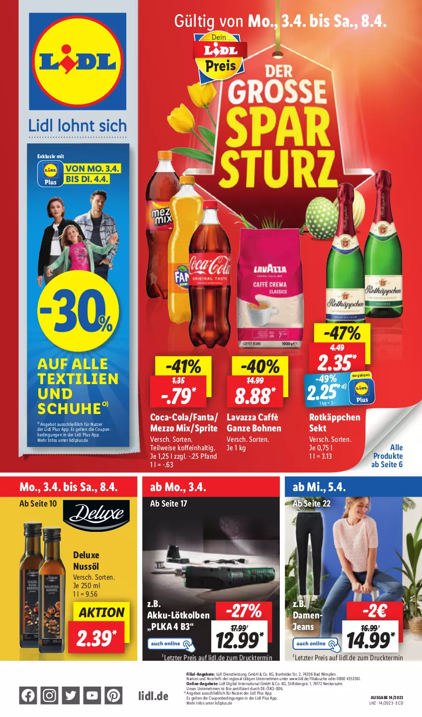 Aktueller Prospekt Lidl - Aktionsprospekt - von 03.04 bis 08.04.2023 - strona 1 - produkty: akku, angebot, angebote, Bad, bio, bohne, bohnen, coca-cola, cola, coupon, eis, fanta, jeans, lavazza, Mezzo Mix, nuss, reis, rotkäppchen, schuhe, sekt, sprite, Ti, ZTE