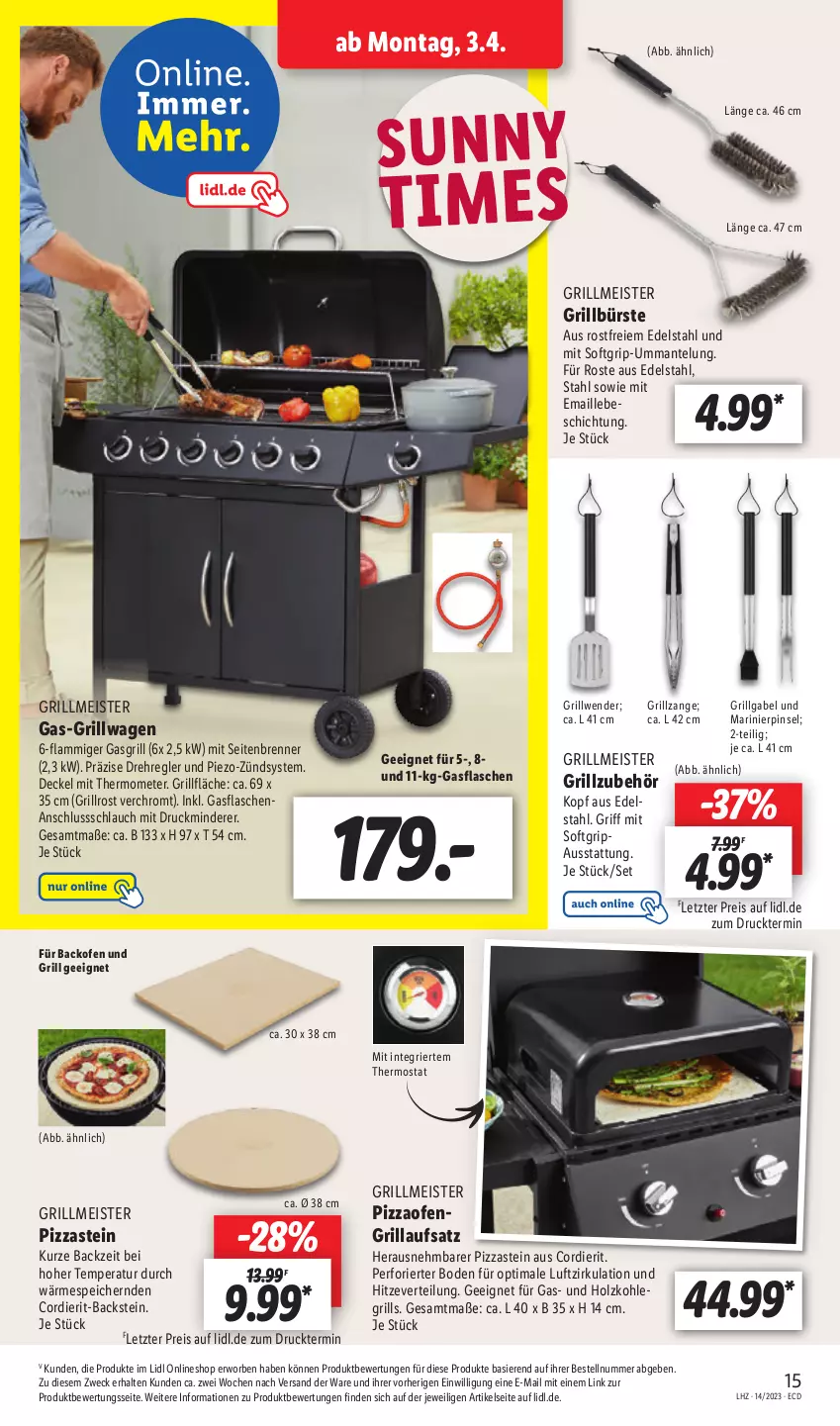 Aktueller Prospekt Lidl - Aktionsprospekt - von 03.04 bis 08.04.2023 - strona 19 - produkty: backofen, backofen und, bürste, decke, Deckel, edelstahl, eis, flasche, gabel, gasflaschen, gasgrill, grill, grillfläche, grillrost, grillzange, Grillzubehör, Holz, holzkohle, holzkohlegrill, Kohlegrill, lamm, LG, maille, Mantel, Meister, mit thermometer, Ofen, Pinsel, pizza, Pizzaofen, reis, schlauch, thermometer, thermostat, Ti, weck, ZTE