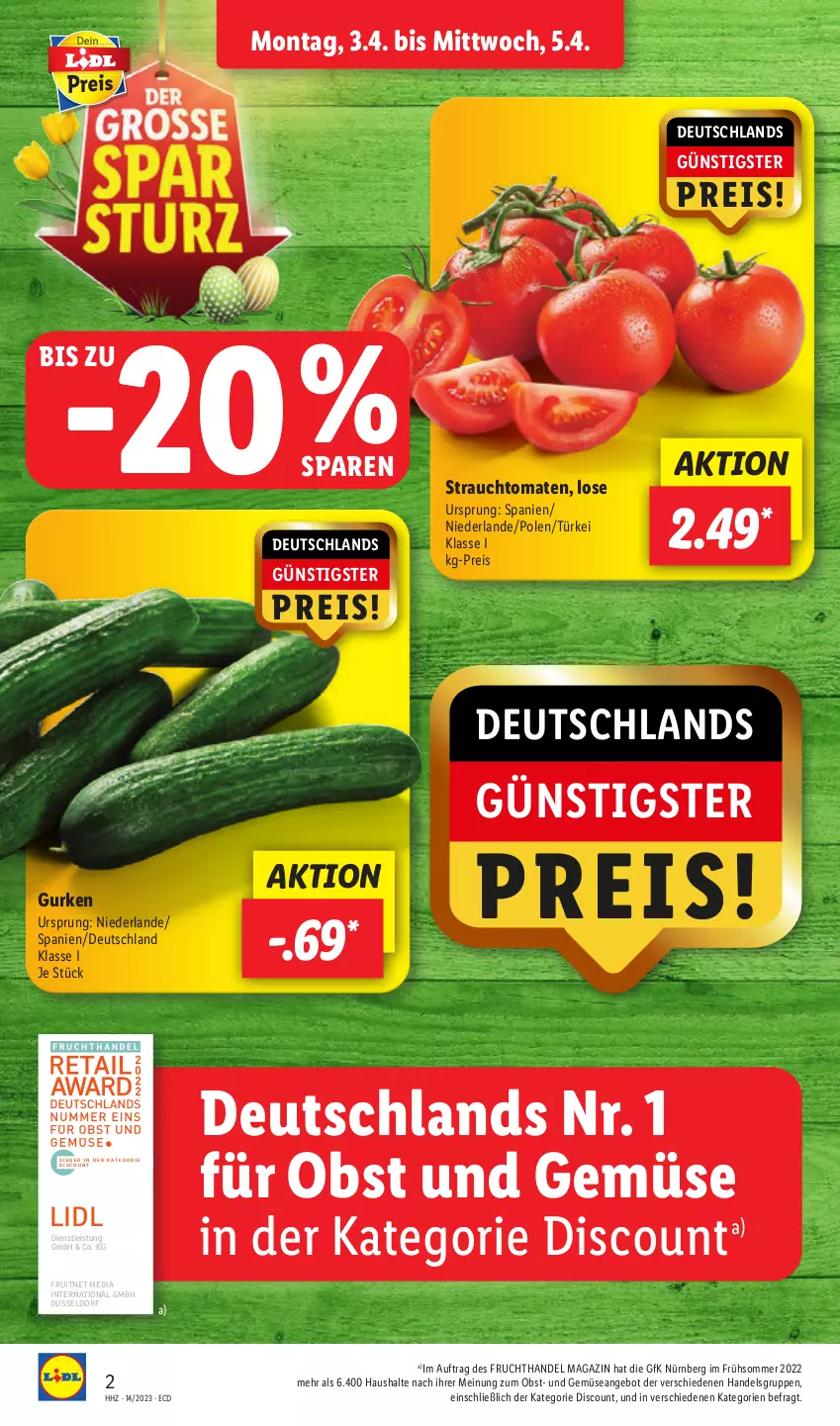 Aktueller Prospekt Lidl - Aktionsprospekt - von 03.04 bis 08.04.2023 - strona 2 - produkty: angebot, discount, eis, ente, frucht, gurke, gurken, magazin, obst, Obst und Gemüse, Rauch, reis, strauchtomaten, Ti, tomate, tomaten, und gemüse