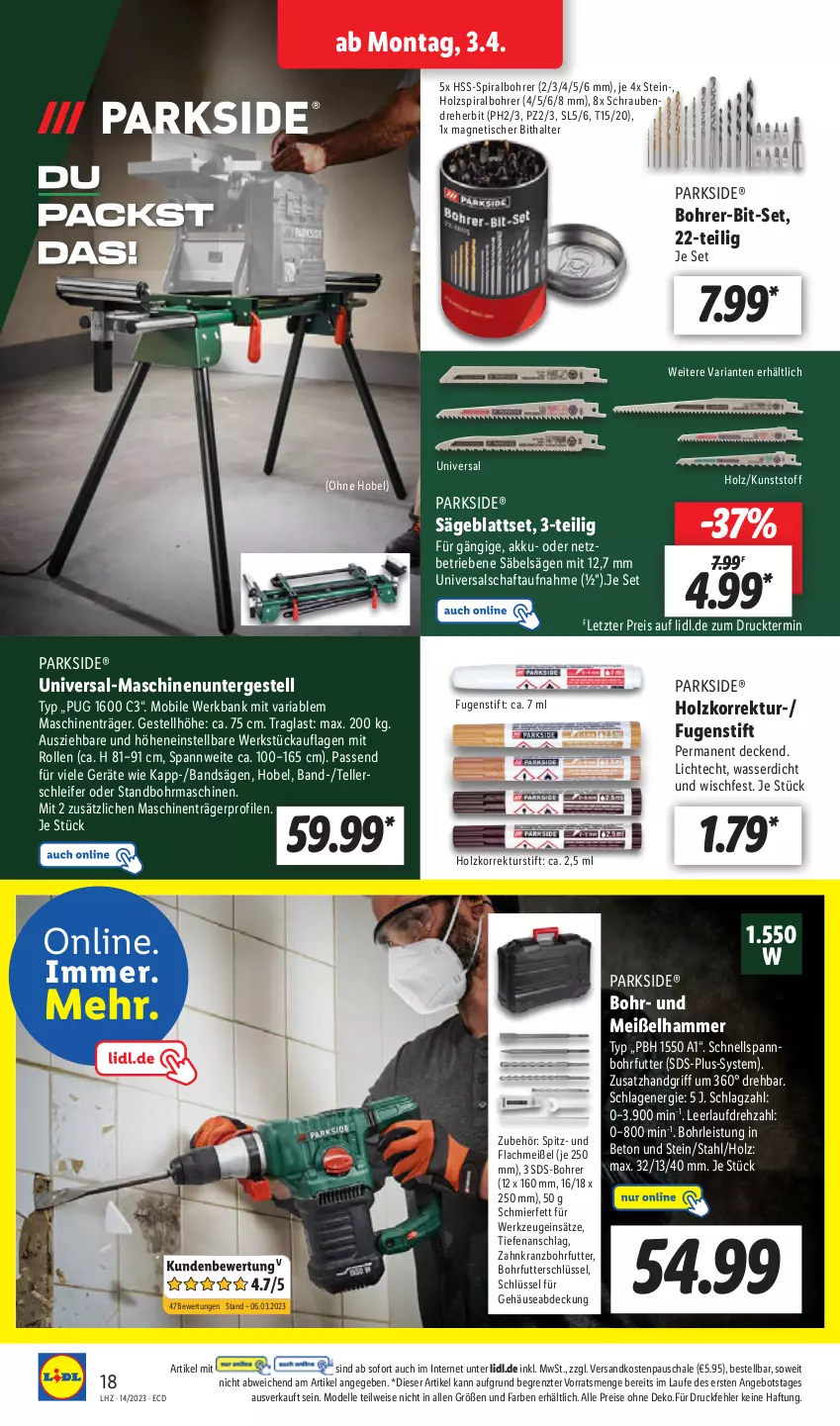 Aktueller Prospekt Lidl - Aktionsprospekt - von 03.04 bis 08.04.2023 - strona 22 - produkty: akku, angebot, Bank, decke, dell, eis, elle, Fugenstift, Holz, Kranz, Mode, ndk, Parkside, reis, Ria, Säbelsäge, säge, Schal, Schale, schrauben, Schraubendreher, teller, Ti, tisch, wasser, werkzeug, werkzeuge, ZTE