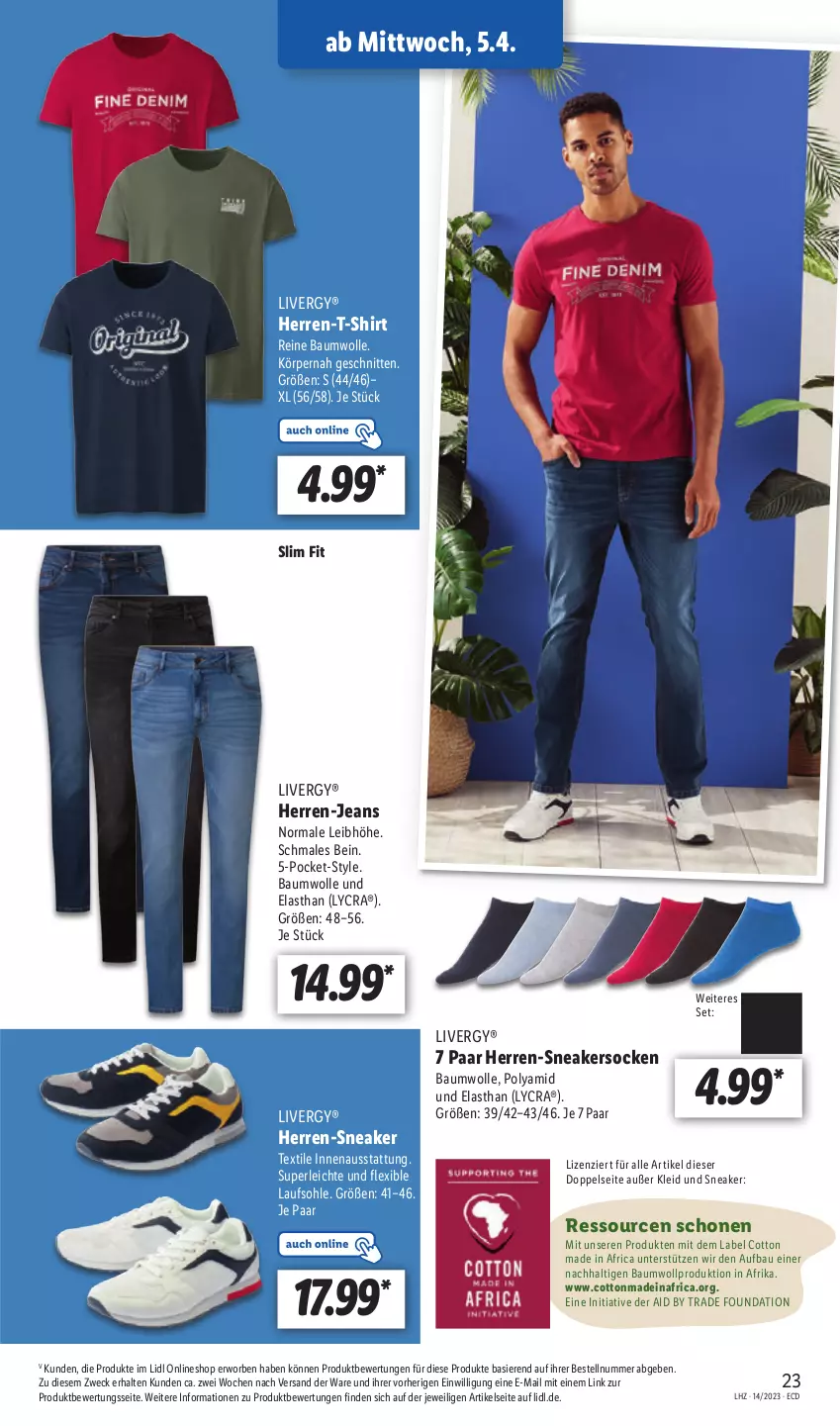 Aktueller Prospekt Lidl - Aktionsprospekt - von 03.04 bis 08.04.2023 - strona 27 - produkty: Bau, baumwolle, herren-jeans, herren-sneaker, herren-t-shirt, jeans, kleid, livergy, reine baumwolle, schnitten, shirt, sneaker, sneakersocken, socken, T-Shirt, Ti, weck, wolle