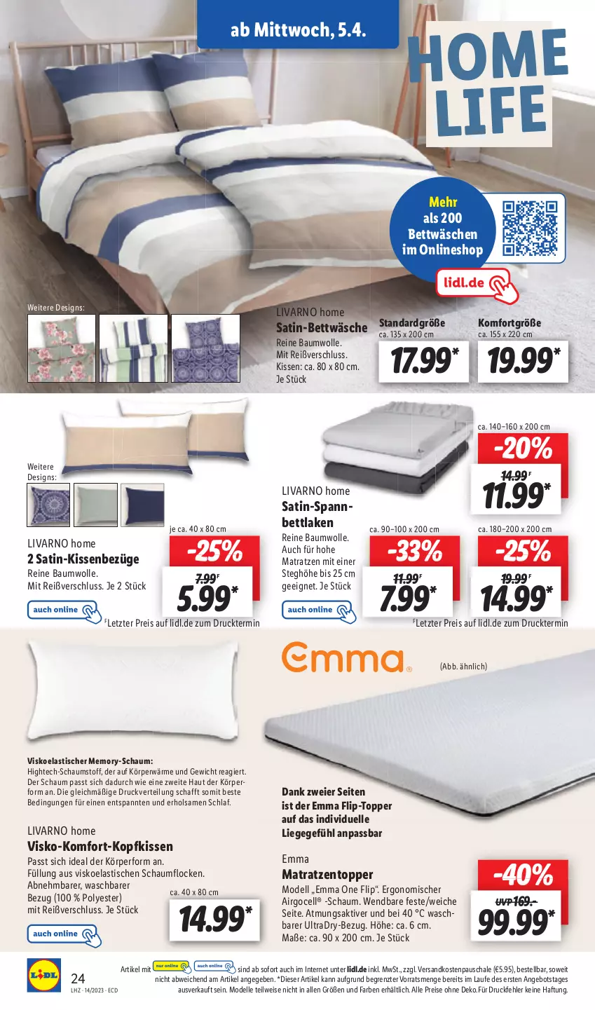 Aktueller Prospekt Lidl - Aktionsprospekt - von 03.04 bis 08.04.2023 - strona 28 - produkty: angebot, asti, Bau, baumwolle, bett, bettwäsche, dell, eier, eis, elle, kissen, kopfkissen, Liege, matratze, matratzen, Matratzentopper, Mode, ndk, reine baumwolle, reis, satin-bettwäsche, Schal, Schale, spannbettlaken, Ti, tisch, topper, wolle, ZTE