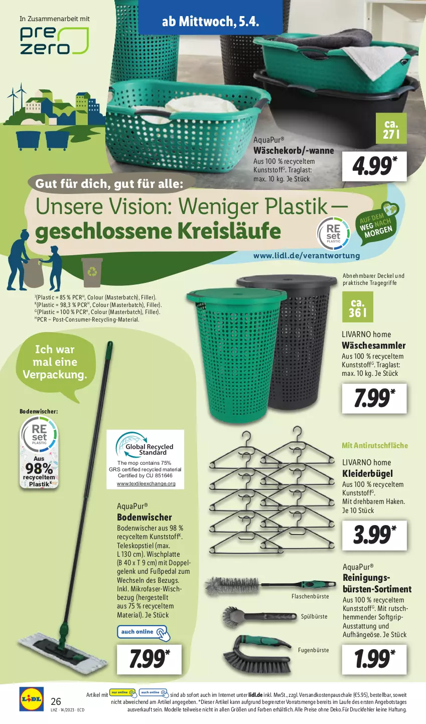 Aktueller Prospekt Lidl - Aktionsprospekt - von 03.04 bis 08.04.2023 - strona 30 - produkty: angebot, aqua, AquaPur, asti, bodenwischer, bügel, bürste, bürsten, Clin, decke, Deckel, dell, eis, elle, flasche, Fugenbürste, HP, kleid, kleider, kleiderbügel, korb, latte, LG, mikrofaser, Mode, ndk, Reinigung, reis, Ria, Schal, Schale, Teleskop, teleskopstiel, Ti, tisch, tragegriff, Wanne, wäschekorb, ZTE