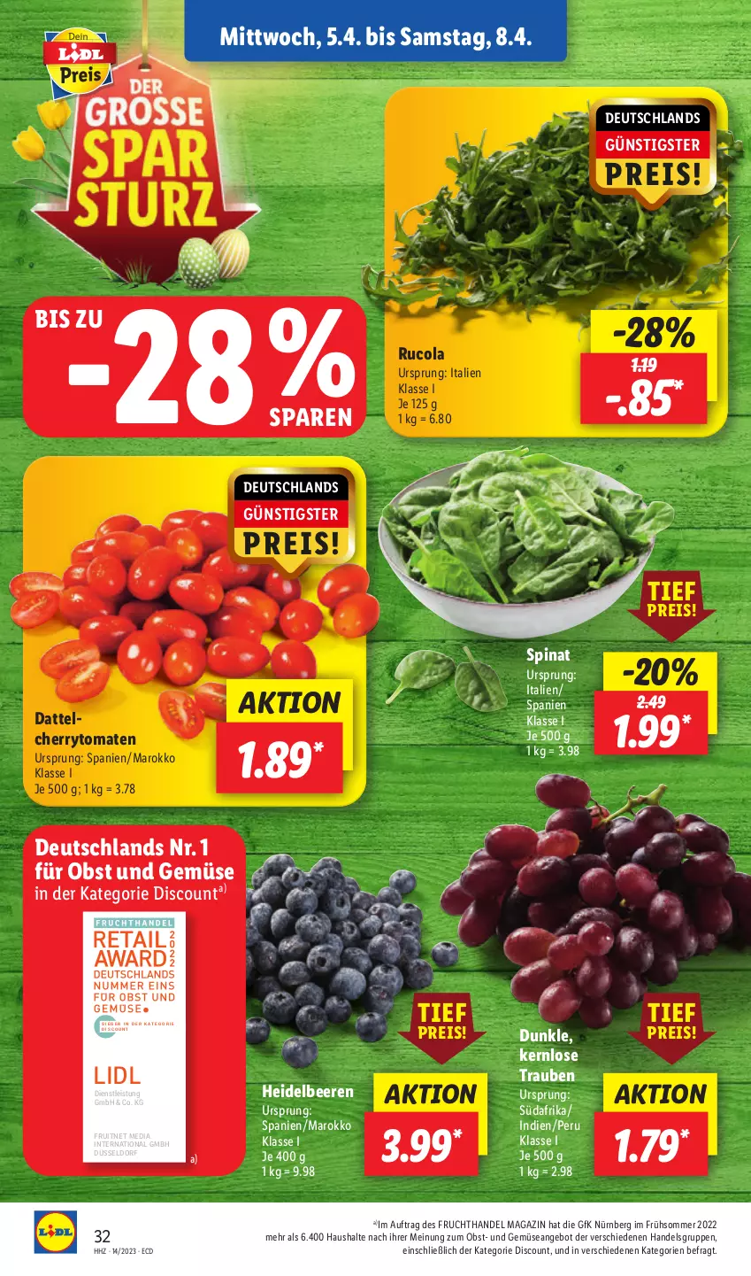 Aktueller Prospekt Lidl - Aktionsprospekt - von 03.04 bis 08.04.2023 - strona 36 - produkty: angebot, beere, beeren, cherrytomaten, cola, discount, eis, ente, frucht, heidelbeere, heidelbeeren, magazin, obst, Obst und Gemüse, reis, rucola, spinat, Ti, tomate, tomaten, trauben, und gemüse