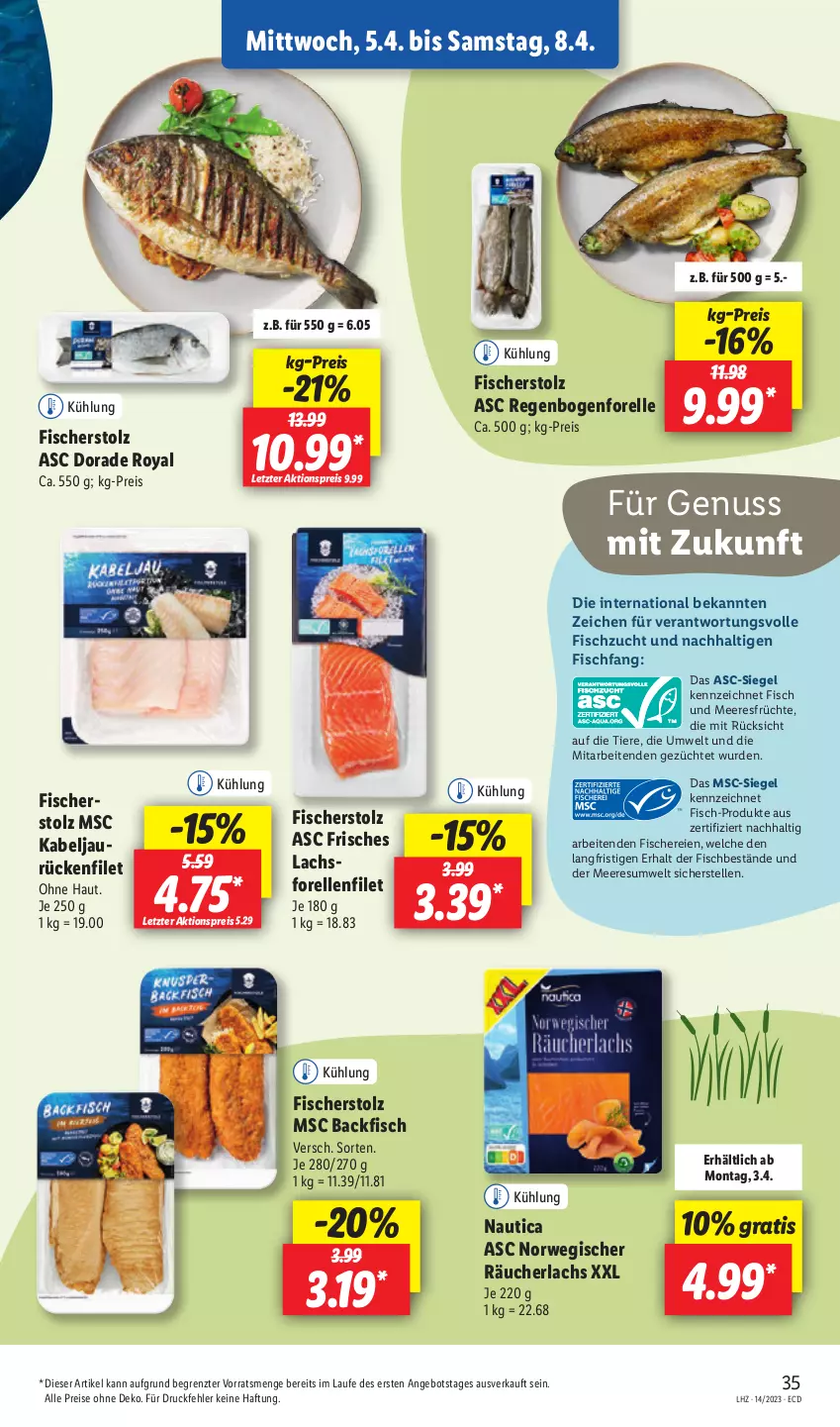 Aktueller Prospekt Lidl - Aktionsprospekt - von 03.04 bis 08.04.2023 - strona 39 - produkty: aktionspreis, angebot, backfisch, Dorade, dorade royal, eis, elle, filet, fisch, Fisch und Meeresfrüchte, fische, Fischer, forelle, früchte, lachs, meeresfrüchte, nuss, Räucherlachs, reis, rel, rwe, Schere, Ti, Tiere, ZTE