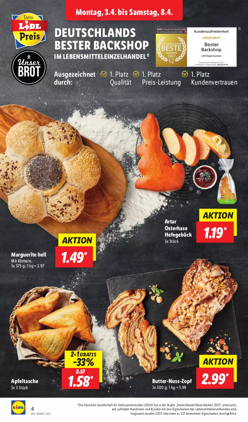 Aktueller Prospekt Lidl - Aktionsprospekt - von 03.04 bis 08.04.2023 - strona 4 - produkty: apfel, Apfeltasche, brot, butter, eis, Hefe, lebensmittel, nuss, Rauch, reis, Tasche, Ti