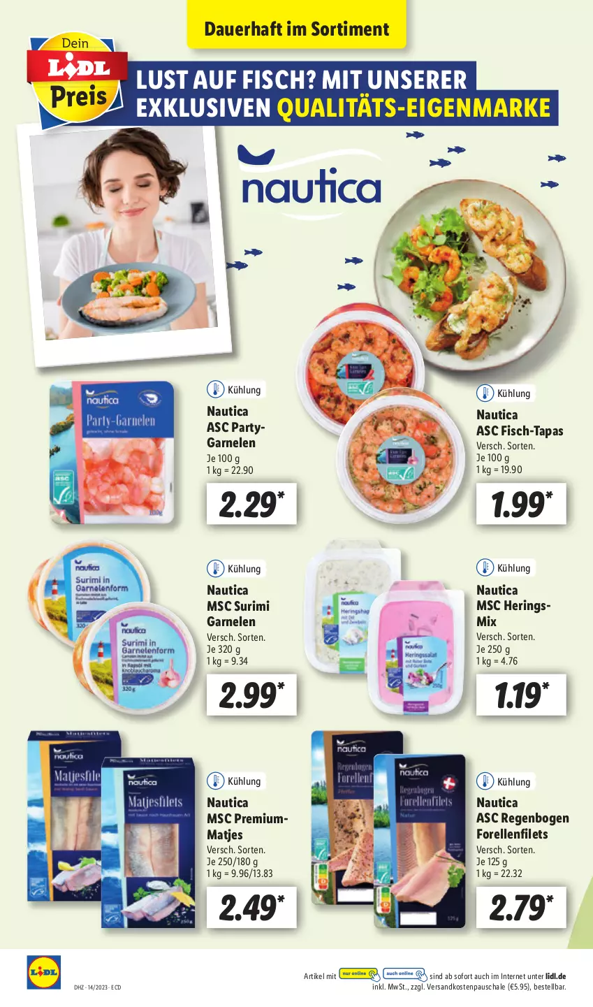 Aktueller Prospekt Lidl - Aktionsprospekt - von 03.04 bis 08.04.2023 - strona 40 - produkty: auer, elle, filet, filets, fisch, forelle, garnelen, hering, Herings, matjes, ndk, rel, ring, Schal, Schale, Tapas, Ti