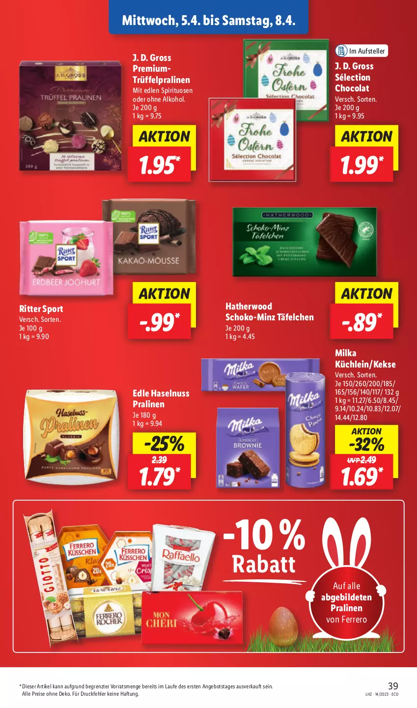 Aktueller Prospekt Lidl - Aktionsprospekt - von 03.04 bis 08.04.2023 - strona 45 - produkty: alkohol, angebot, cola, eis, elle, ferrero, haselnuss, keks, kekse, milka, nuss, ohne alkohol, pralinen, reis, ritter, ritter sport, schoko, spirituosen, Sport, teller, Ti, Trüffel, ZTE