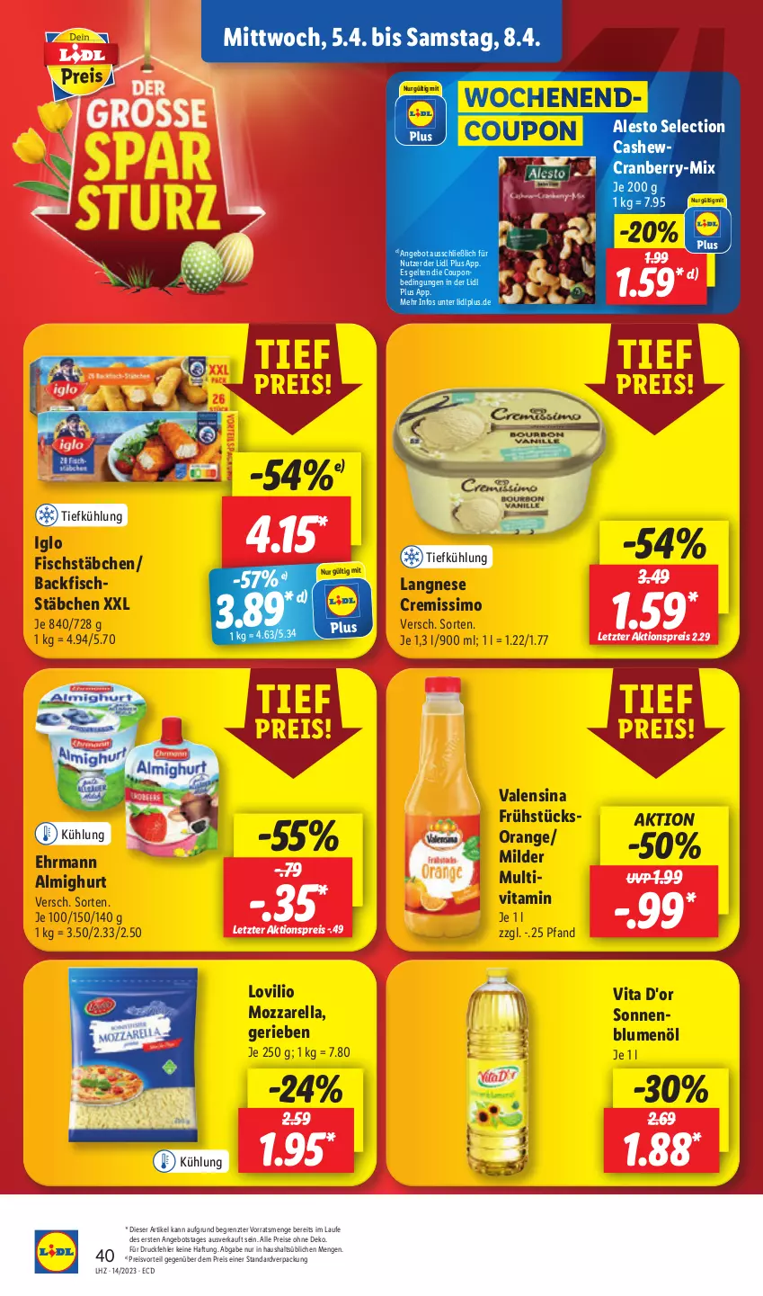 Aktueller Prospekt Lidl - Aktionsprospekt - von 03.04 bis 08.04.2023 - strona 46 - produkty: aktionspreis, alesto, almighur, almighurt, angebot, backfisch, blume, blumen, blumenöl, Cashew, coupon, cranberry, cremissimo, drucker, ehrmann, ehrmann almighurt, eis, Engel, fisch, fischstäbchen, iglo, kerze, langnese, langnese cremissimo, mozzarella, orange, papier, preisvorteil, reis, rel, sim, sonnenblume, sonnenblumen, sonnenblumenöl, Ti, valensina, vita, ZTE