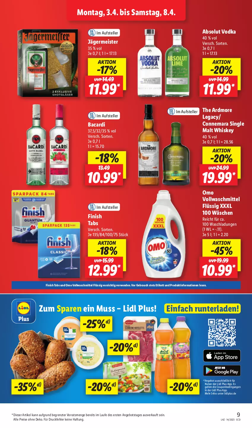 Aktueller Prospekt Lidl - Aktionsprospekt - von 03.04 bis 08.04.2023 - strona 9 - produkty: Absolut Vodka, angebot, bacardi, coupon, eis, elle, Finish, Germ, jägermeister, Meister, Rauch, reis, rwe, single malt, teller, Ti, vodka, vollwaschmittel, waschmittel, whiskey, ZTE